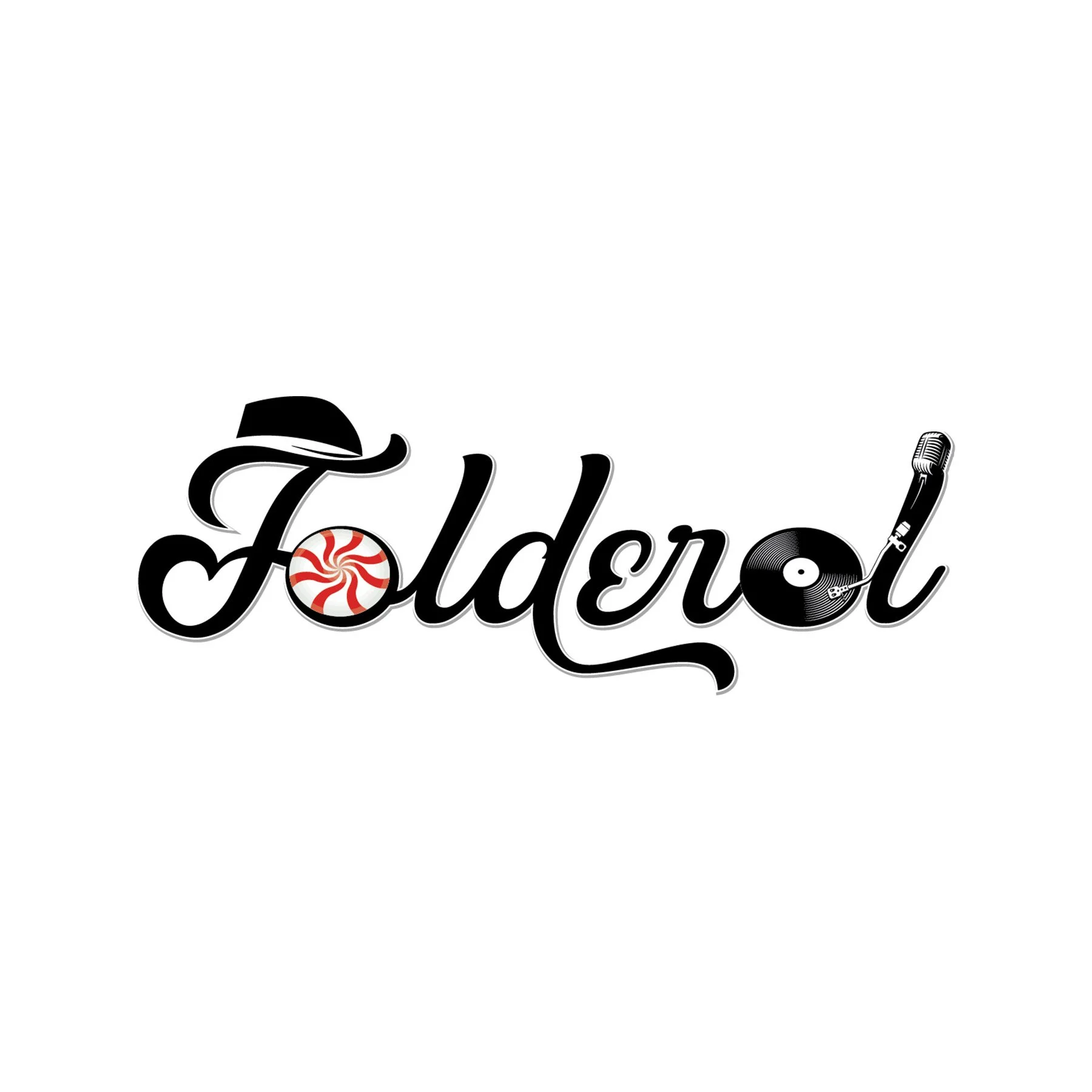 The phrase 'Golden' written in a stylized black cursive font. The letter 'o' is designed as a peppermint candy with red and white swirls. Additional elements include a black fedora hat and a vintage microphone, with a black vinyl record incorporated 