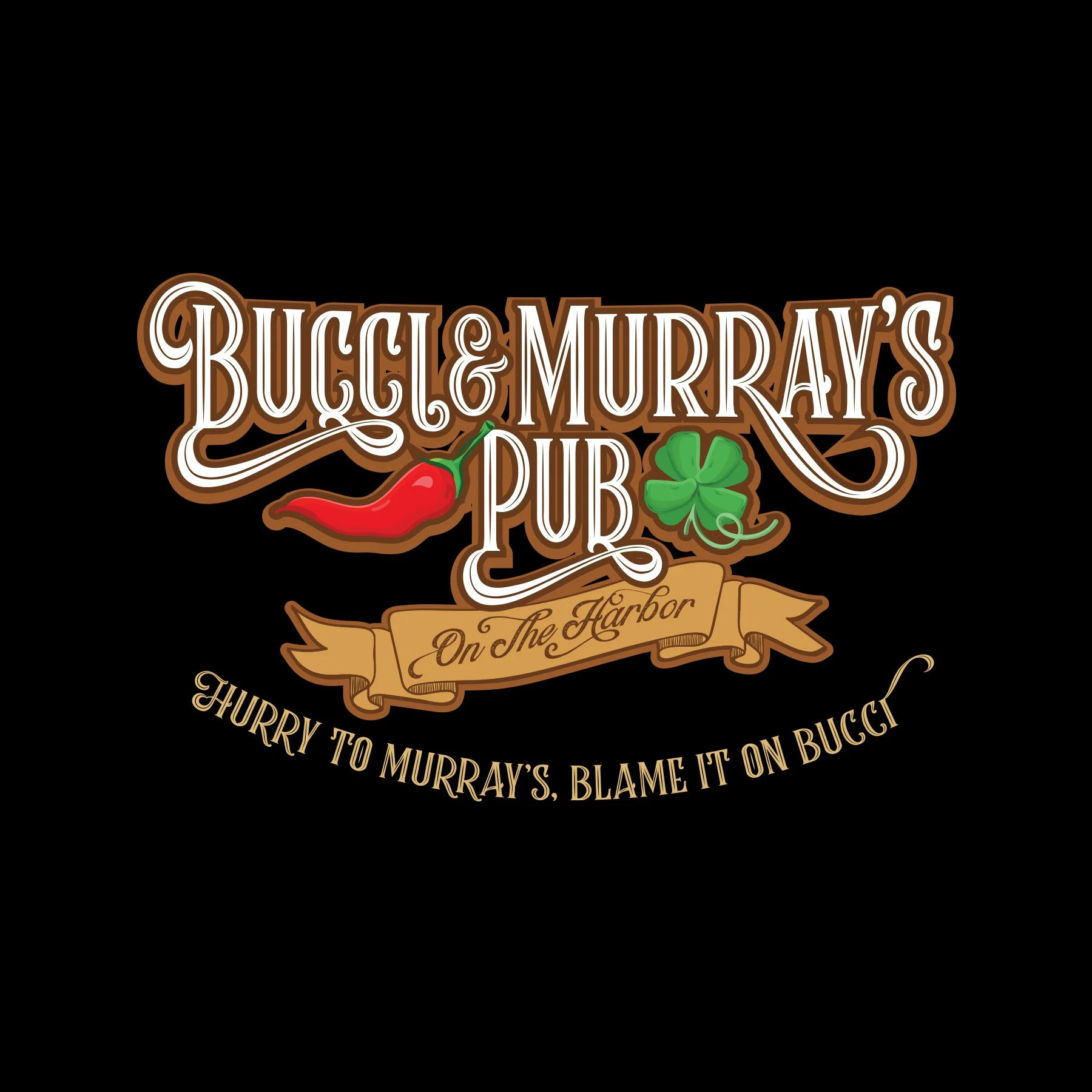Logo for Buckle & Murray's Public House featuring a red chili pepper, a green four-leaf clover, and decorative script text, with a ribbon banner that says "On The Harbor" and additional text at the bottom.