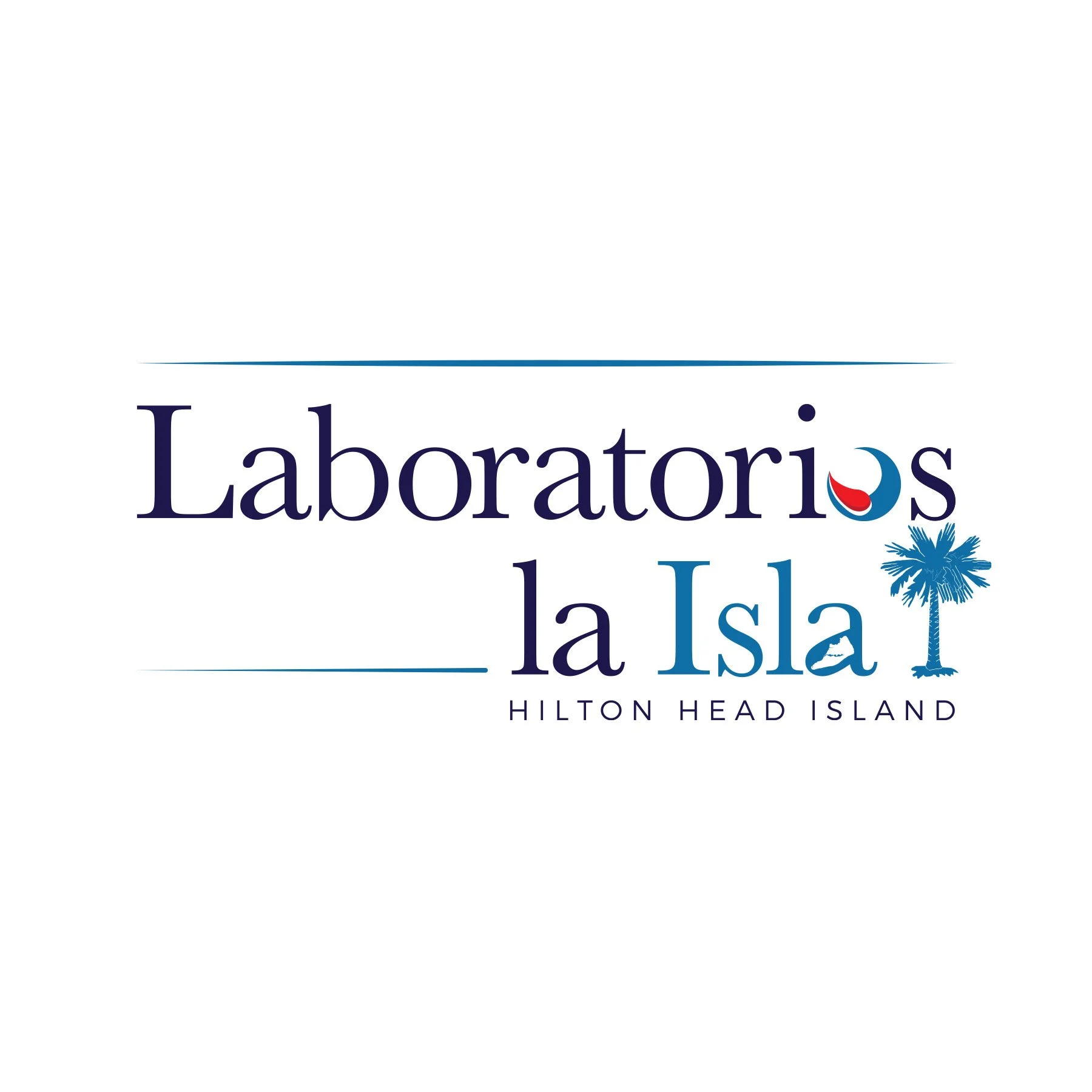 Logo for Laaboratorios Isla, Hilton Head Island, with palm tree and tropical design elements.