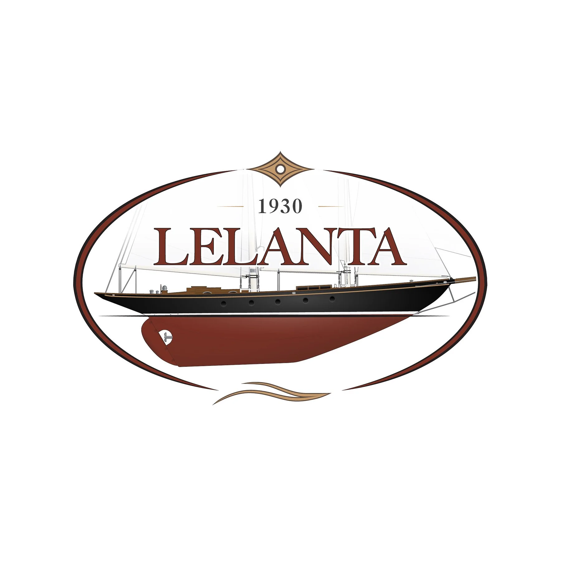 Vintage boat with the text 'LELANTA' and the year '1930' above it, enclosed in an oval frame.
