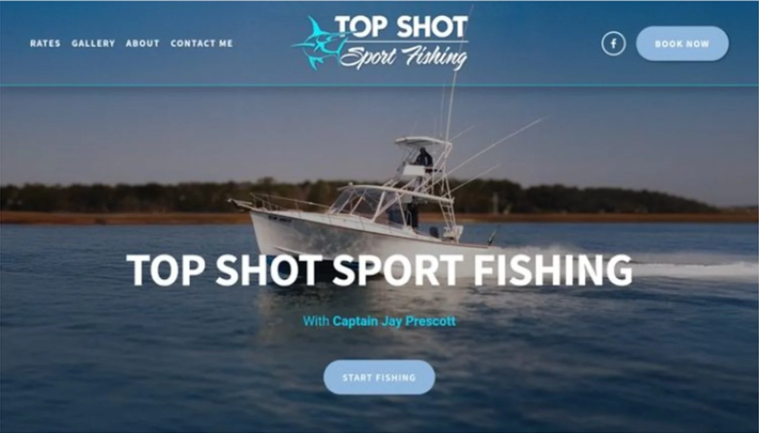A boat on the water with fishing gear, part of a website homepage for Top Shot Sport Fishing, featuring a navigation menu, logo, and a call-to-action button.