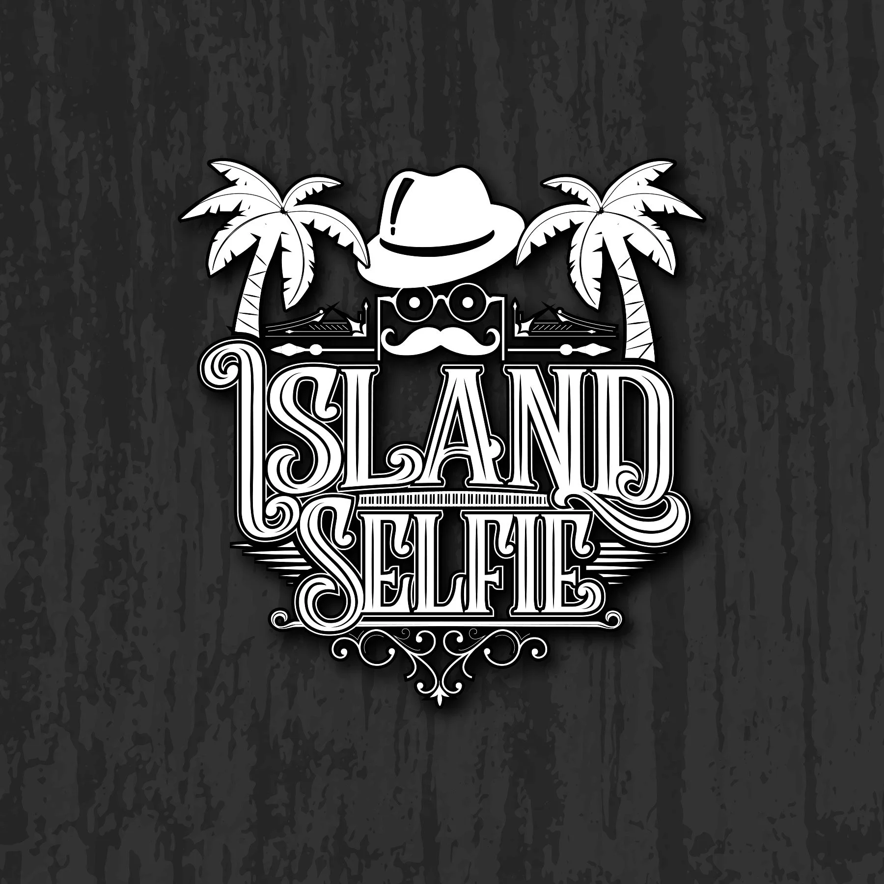 Black and white logo for 'Island Self-Tie', featuring a fedora hat, sunglasses with a mustache, two palm trees, and a stylized vintage font.