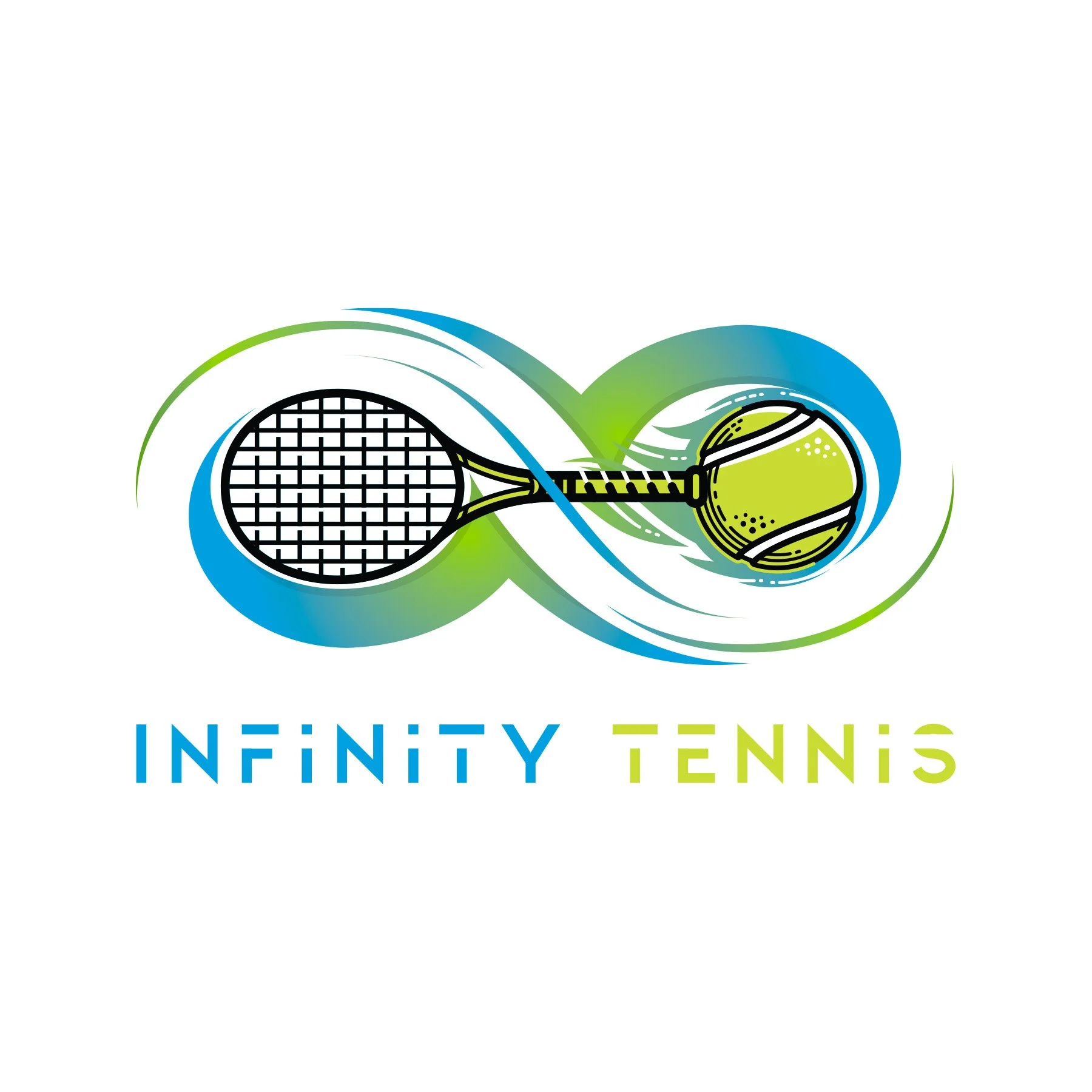 Logo for Infinity Tennis, featuring two tennis rackets intertwined with a stylized tennis ball and swooshes in blue and green, with the text 'Infinity Tennis' below in blue and green.