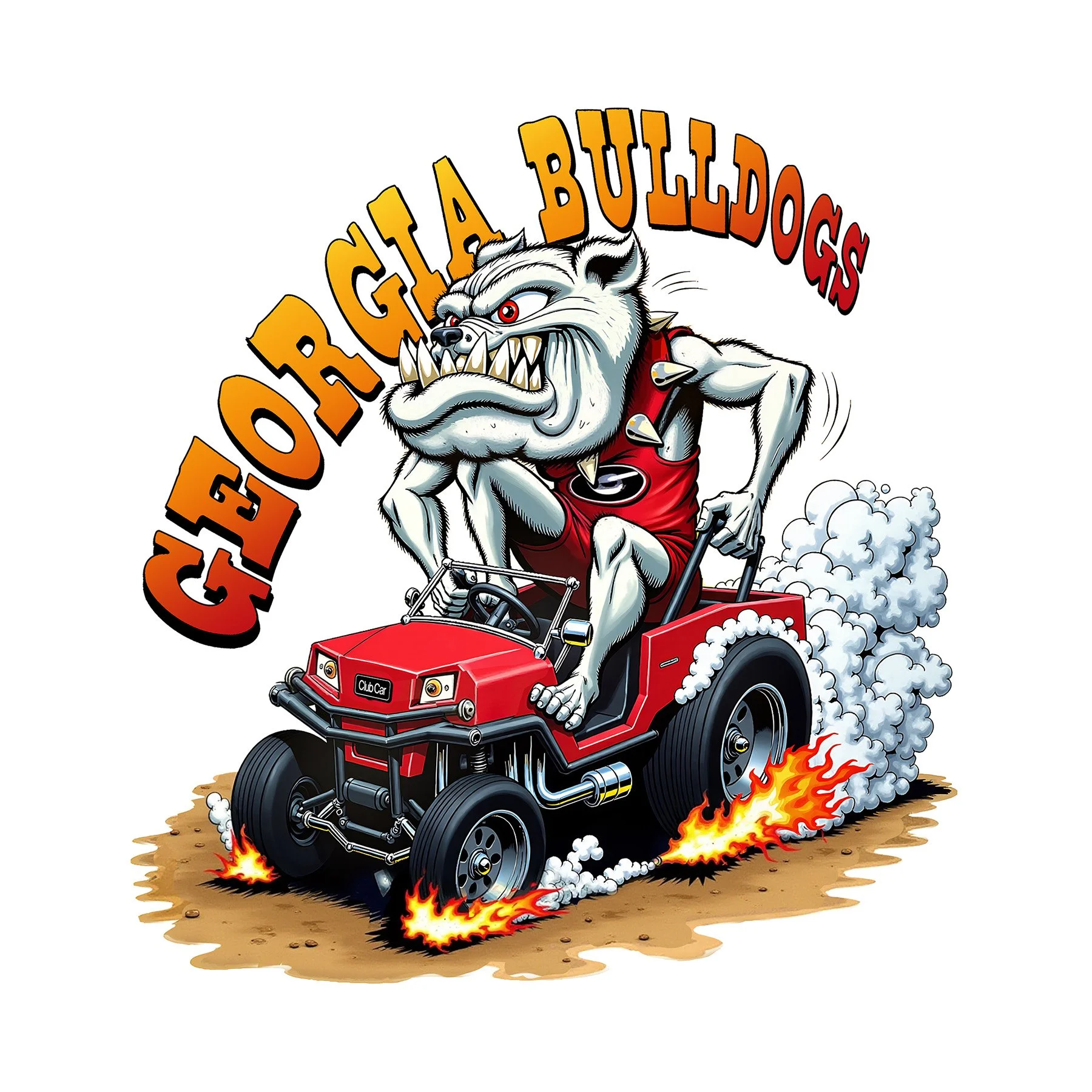 Aggressive bulldog with red eyes and spikes on its collar, driving a red ATV with flames and smoke behind it on dirt ground, with the words 'Furious Gigi's' above in orange and red text.