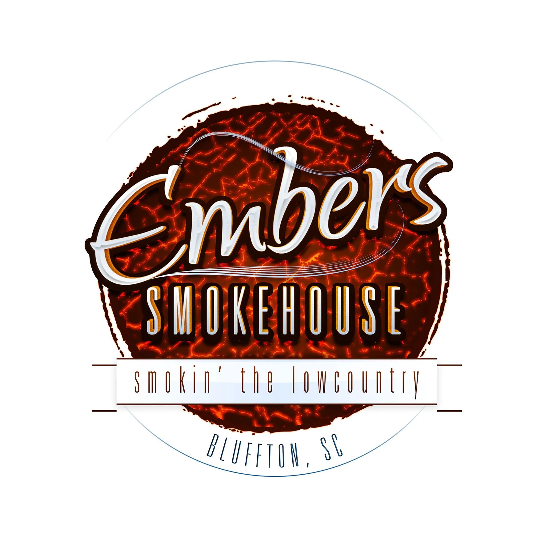 Logo for Ember's Smokehouse in Bluffton, South Carolina, featuring fiery, cracked earth design with stylized text and a tagline 'smokin' the lowcountry'.