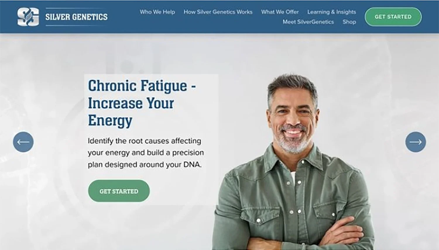 Screenshot of the Silver Genetics website promoting energy solutions for chronic fatigue, featuring a smiling middle-aged man with gray hair and a beard, wearing a green shirt, standing with arms crossed.