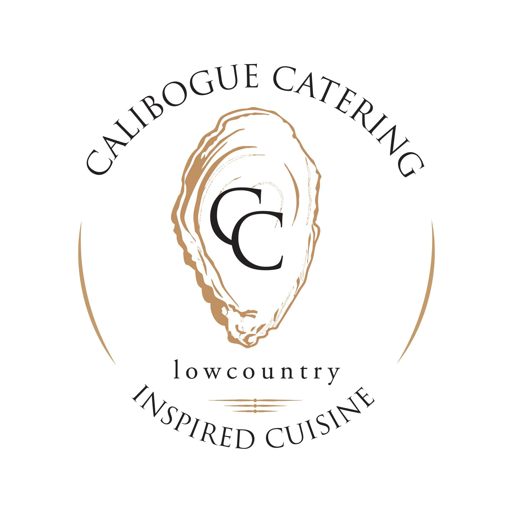 A logo for Callibogue Catering featuring a stylized tree ring with the letter C in the center, surrounded by the words 'Callibogue Catering' in an arc above, and keywords 'inspire, passion, inspired cuisine' in an arc below.