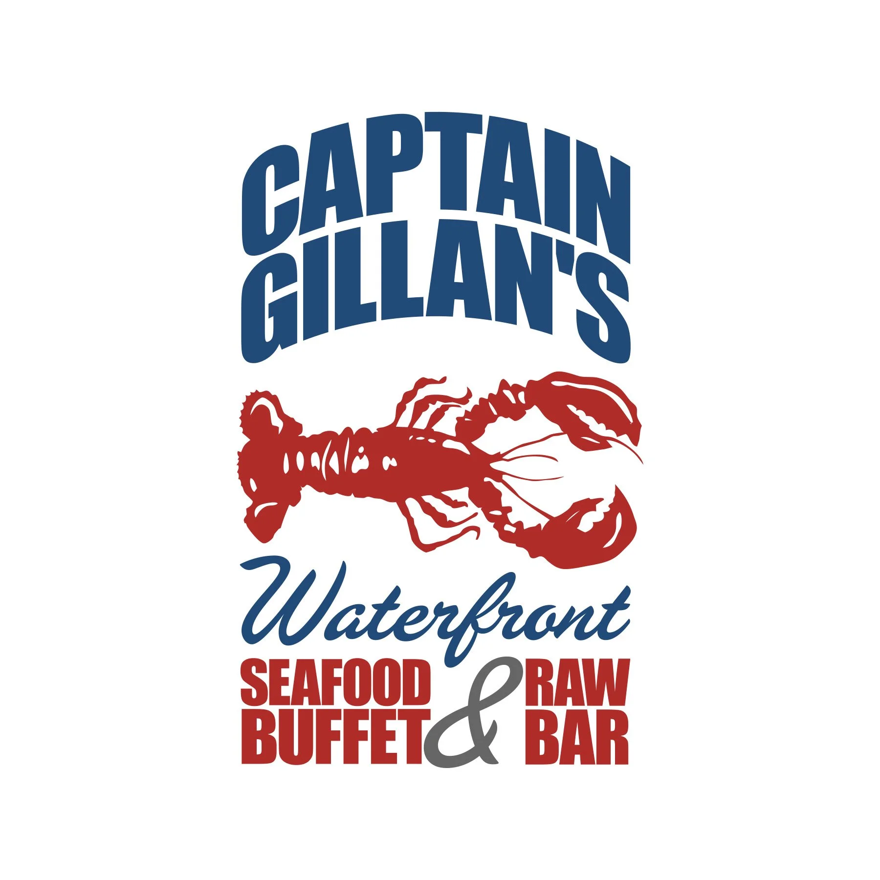 Logo for Captain Gillan's Waterfront with a red lobster illustration and text advertising seafood, raw bar, buffet, and bar.