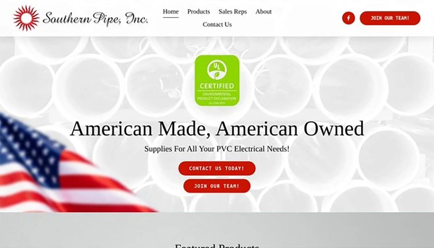 Screenshot of Southern Pipe Inc. website homepage showing company logo, navigation menu, environmental certification badge, American flag, and promotional messages about being American made and owned, with call-to-action buttons.