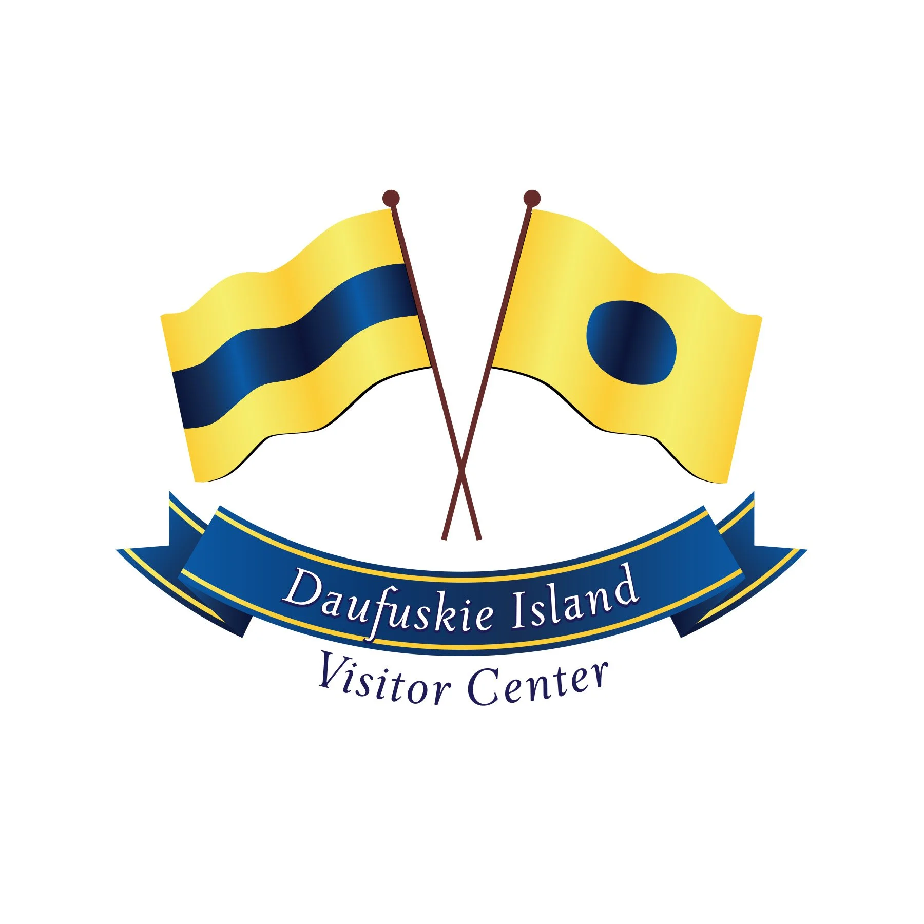 Logo of Daufuskie Island Visitor Center featuring two crossed flags, one with yellow and blue stripes, the other with a yellow background and a blue circle, and a blue ribbon banner with white text.