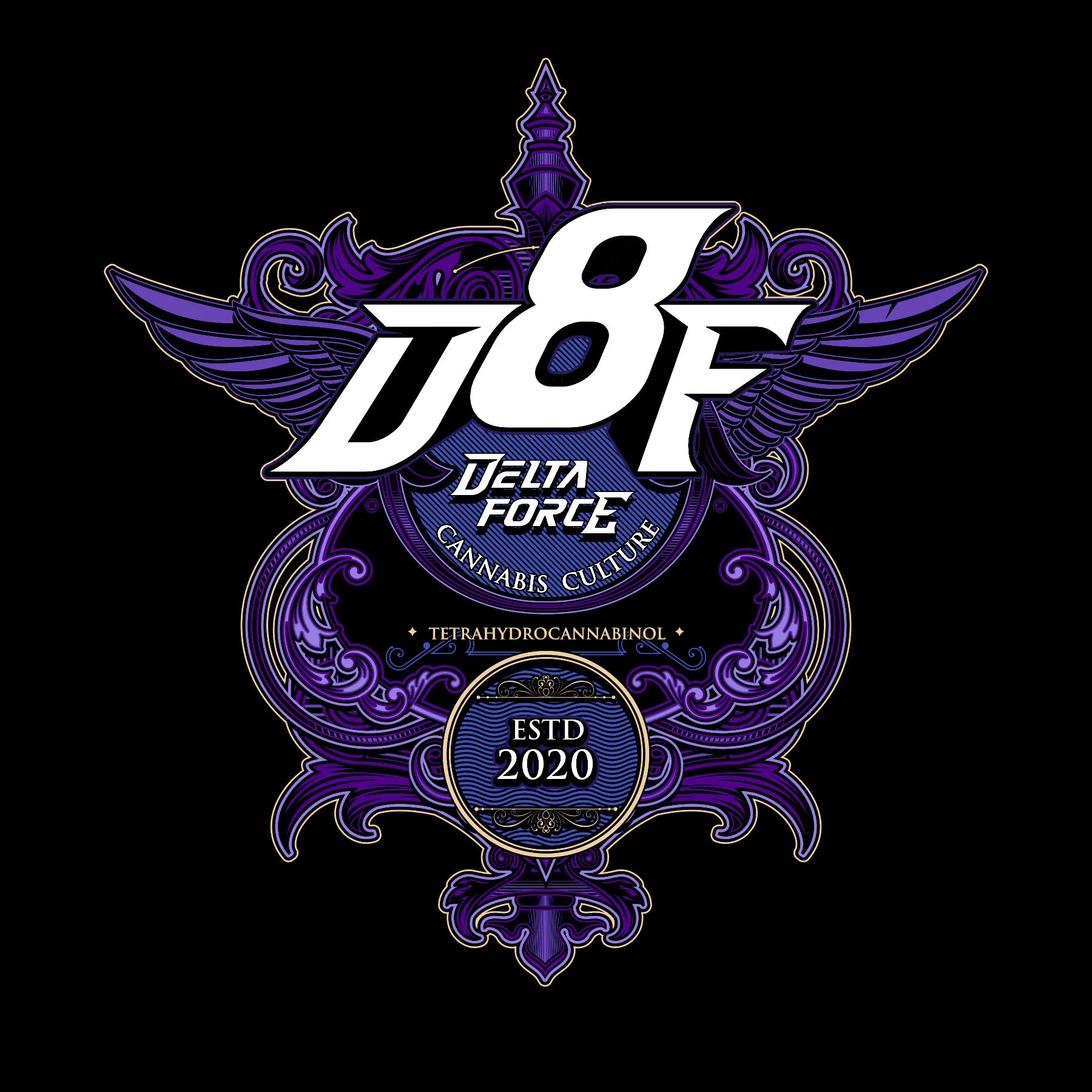 Stylized logo for Delta Force with intricate purple and black design, featuring a winged emblem, a rally, and text indicating cannabis and tetrahydrocannabinol content, established in 2020.