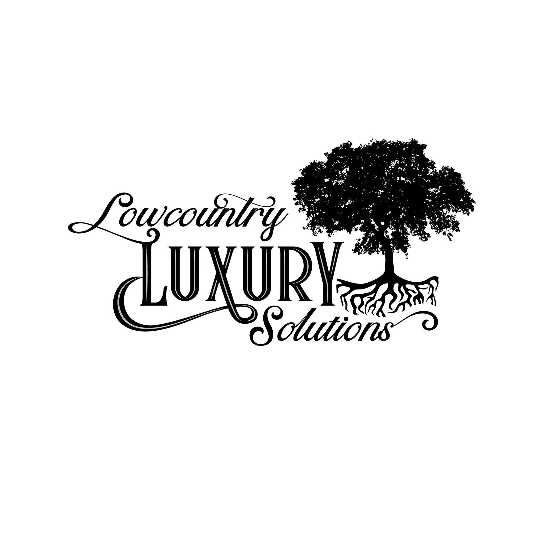 Black silhouette of a tree with roots overlapping the words 'Luxury Solutions' in a decorative script font.