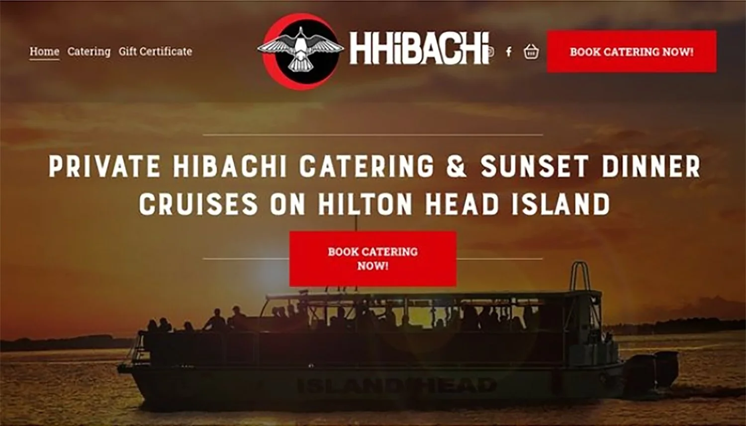Website homepage for Hibachi offering private catering and sunset dinner cruises on Hilton Head Island, featuring a silhouetted boat on the water during sunset.