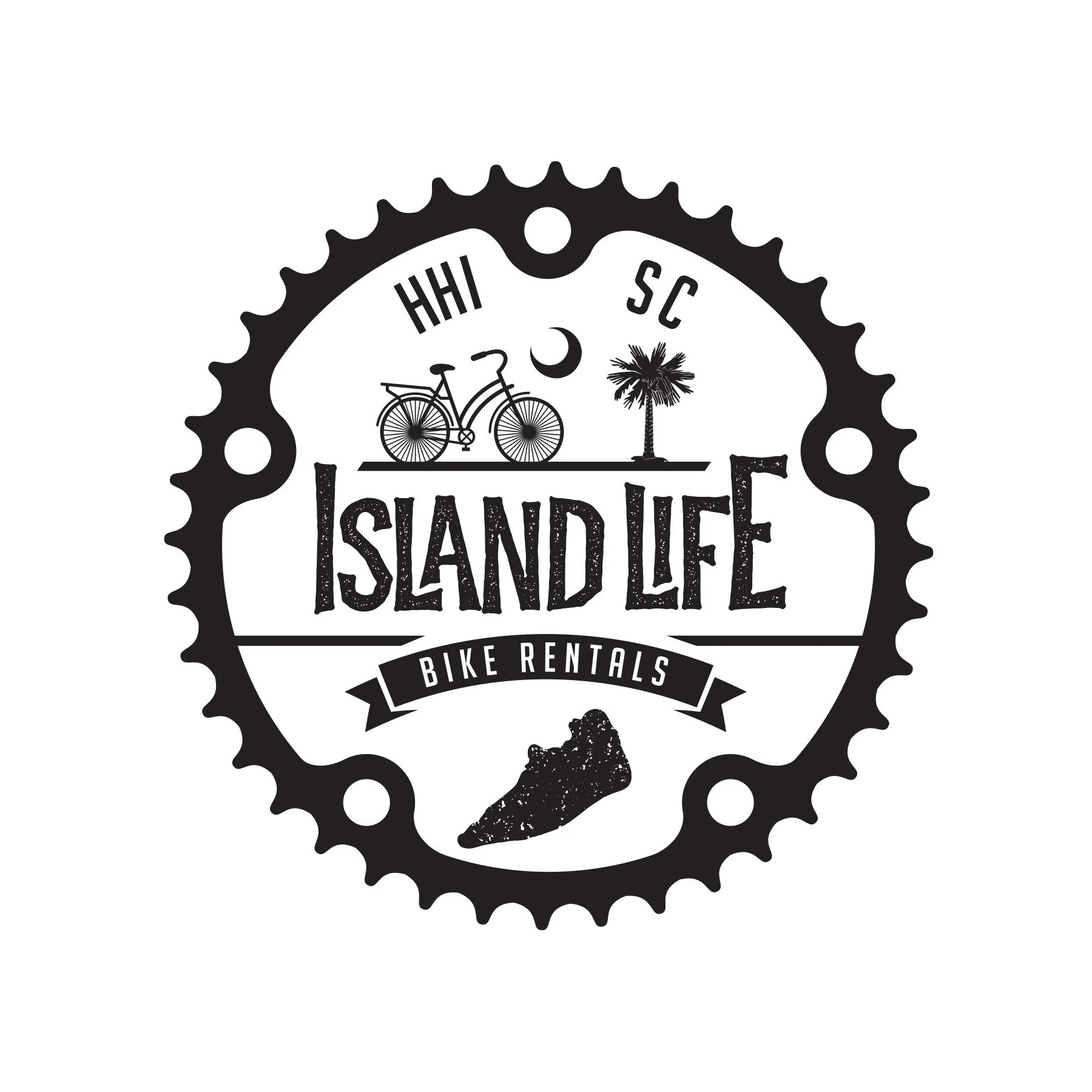 Logo for Island Life Bike Rentals featuring a bicycle, a palm tree, a moon, and the silhouette of Long Island, with text reading 'HI SC' and 'Island Life' inside a gear-like border.