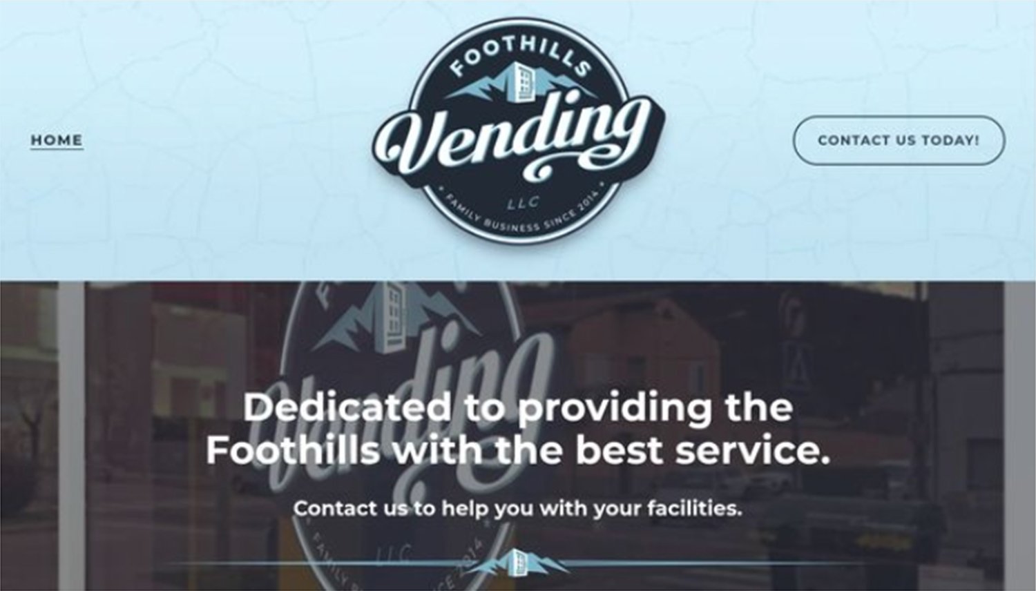 Website homepage for Wending LLC in Foothills, featuring a logo with mountains and a building, with navigation options for Home and Contact Us, and a message about providing the best service for Foothills facilities.