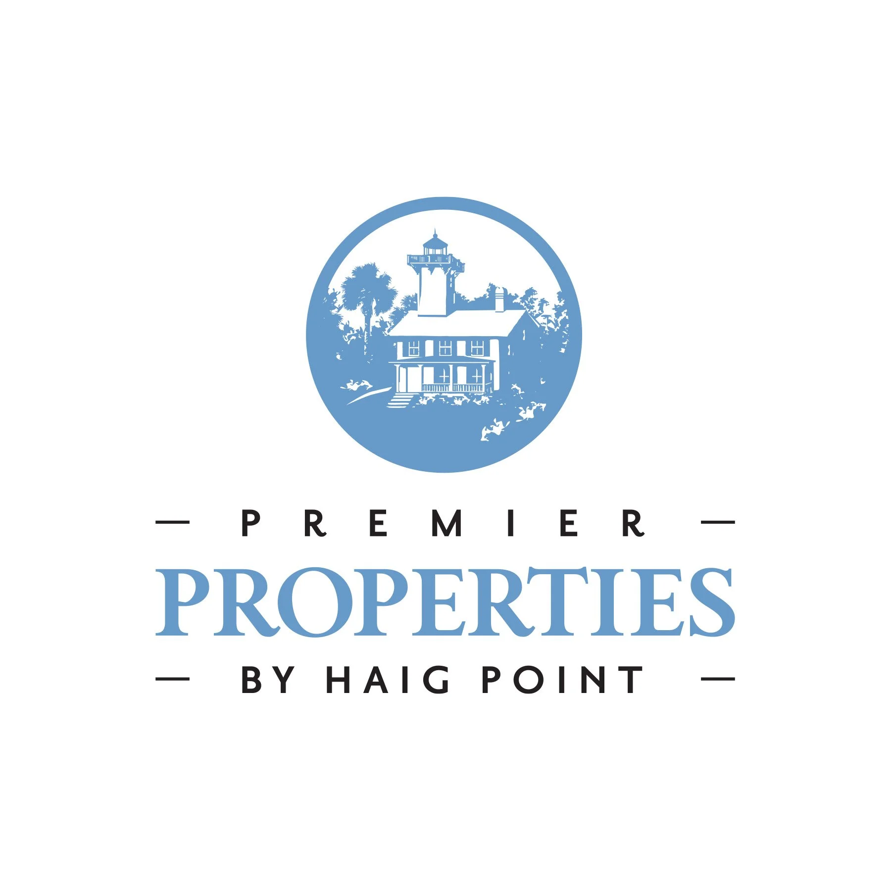 Logo for Premier Properties by Haig Point, featuring a blue circular emblem with a house, palm trees, and a lighthouse, along with the company's name.