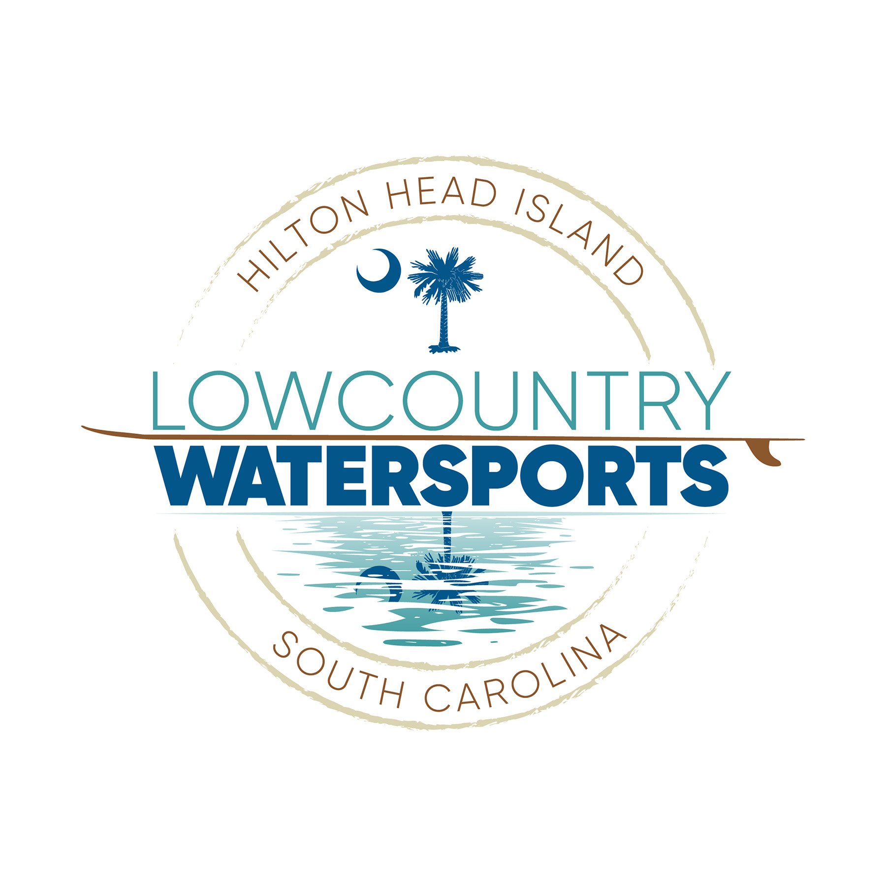 Logo for Lowcountry Watersports featuring a palm tree, a crescent moon, and water reflection, with the text 'Hilton Head Island' and 'South Carolina' surrounding it.