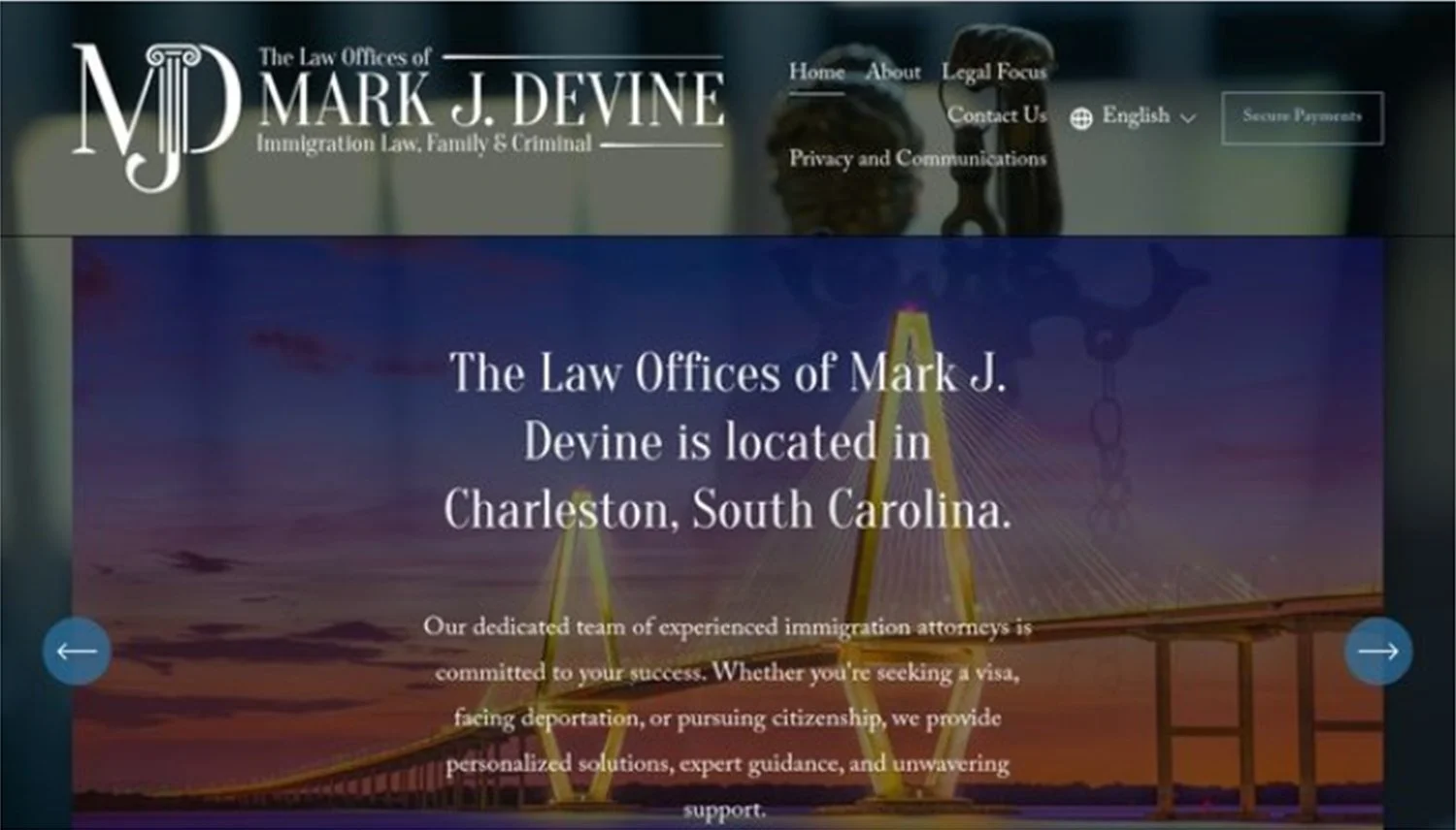 Homepage of the Law Offices of Mark J. Devine, displaying a bridge at sunset and navigation menu with links to Home, About, Legal Focus, Contact Us, Privacy and Communications, and a language selector.