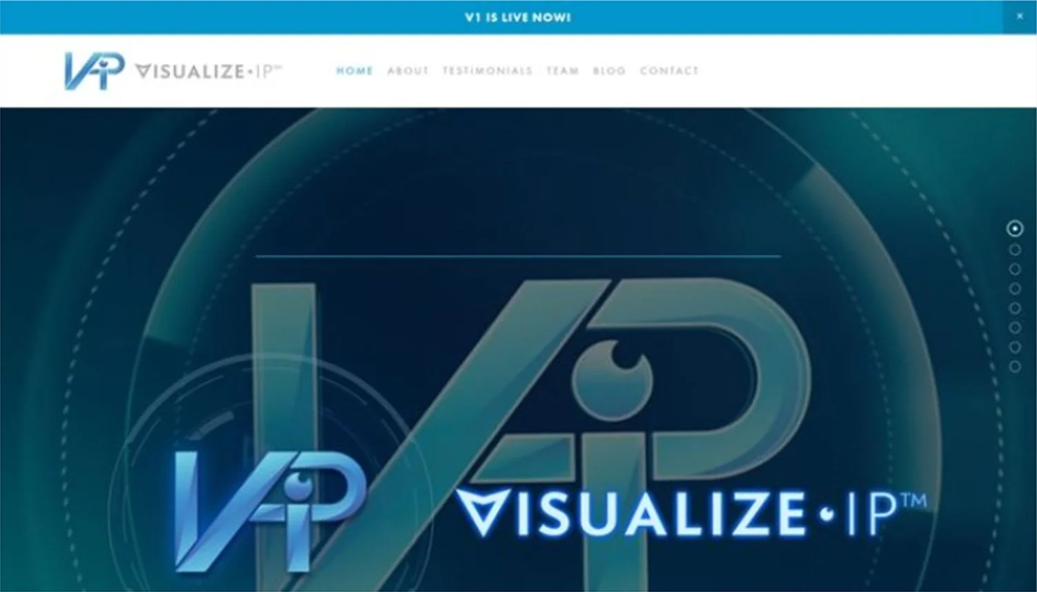Website homepage with logo 'VISUALIZE-IP' and large stylized 'VIP' logo, digital blue-themed background with geometric and circular design elements.