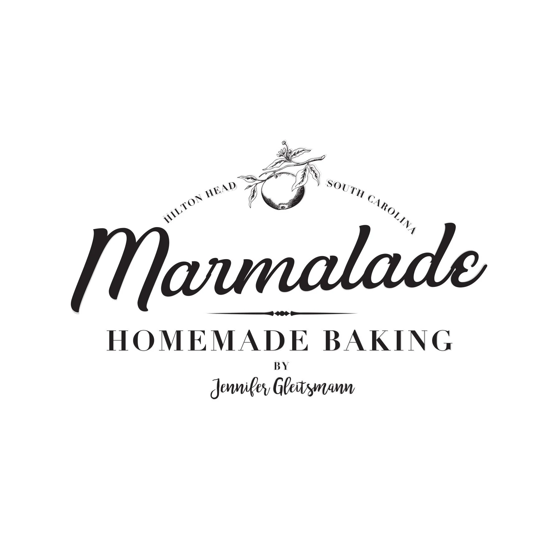 Book cover for "Marmalade" by Jennifer Gleistmann, featuring a citrus fruit with leaves and a flower at the top, with text indicating it is a homemade baking recipe from Hilton Head, South Carolina.