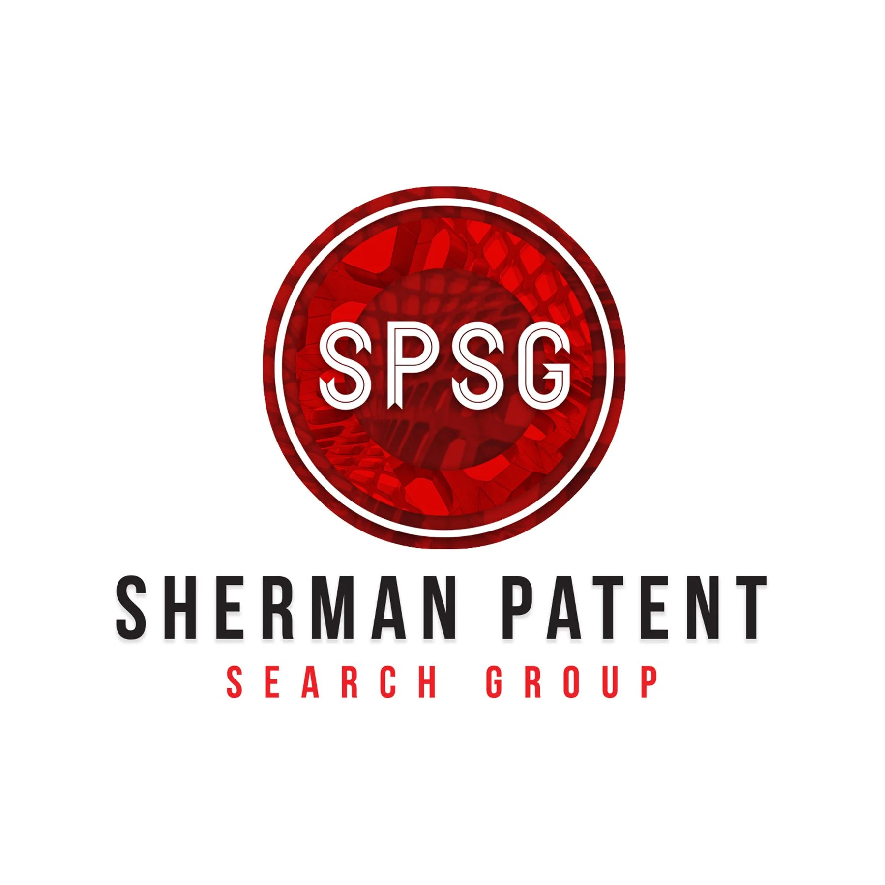 Logo for Sherman Patem Search Group featuring red circular emblem with initials SPSG in white, granite texture background
