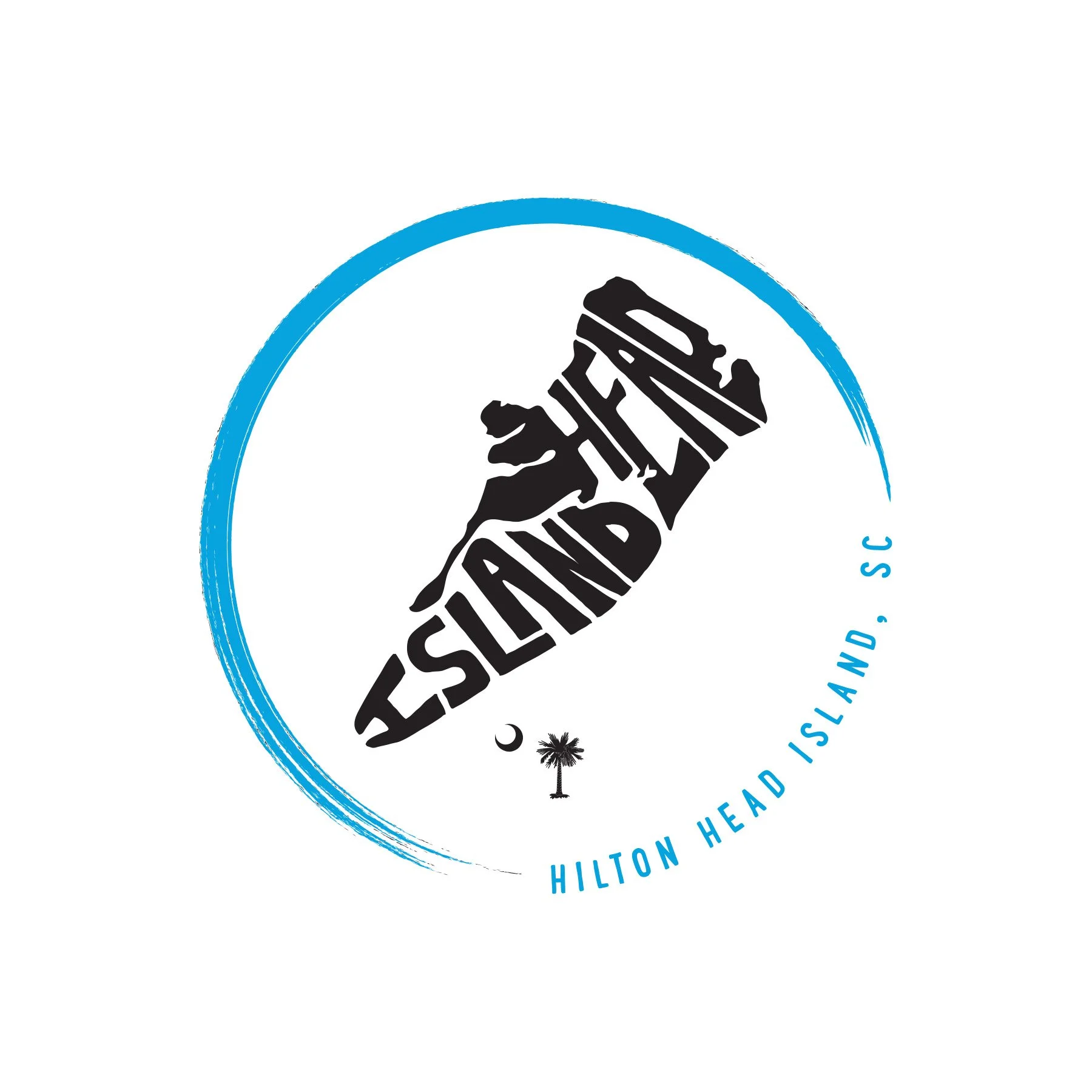 Logo of Hilton Head Island featuring a black and white palm tree and a stylized map of Hilton Head Island with a blue circular border with text around it.