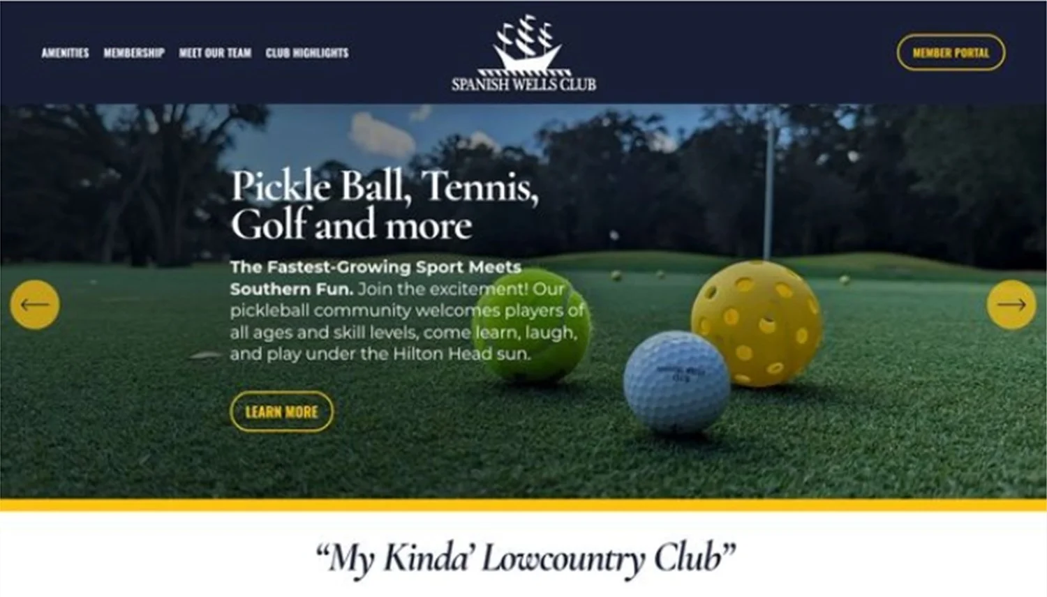 Homepage of the Spanish Wells Club website, featuring a golf course with three golf balls, a navigation menu at the top, and text promoting activities like pickleball, tennis, and golf.