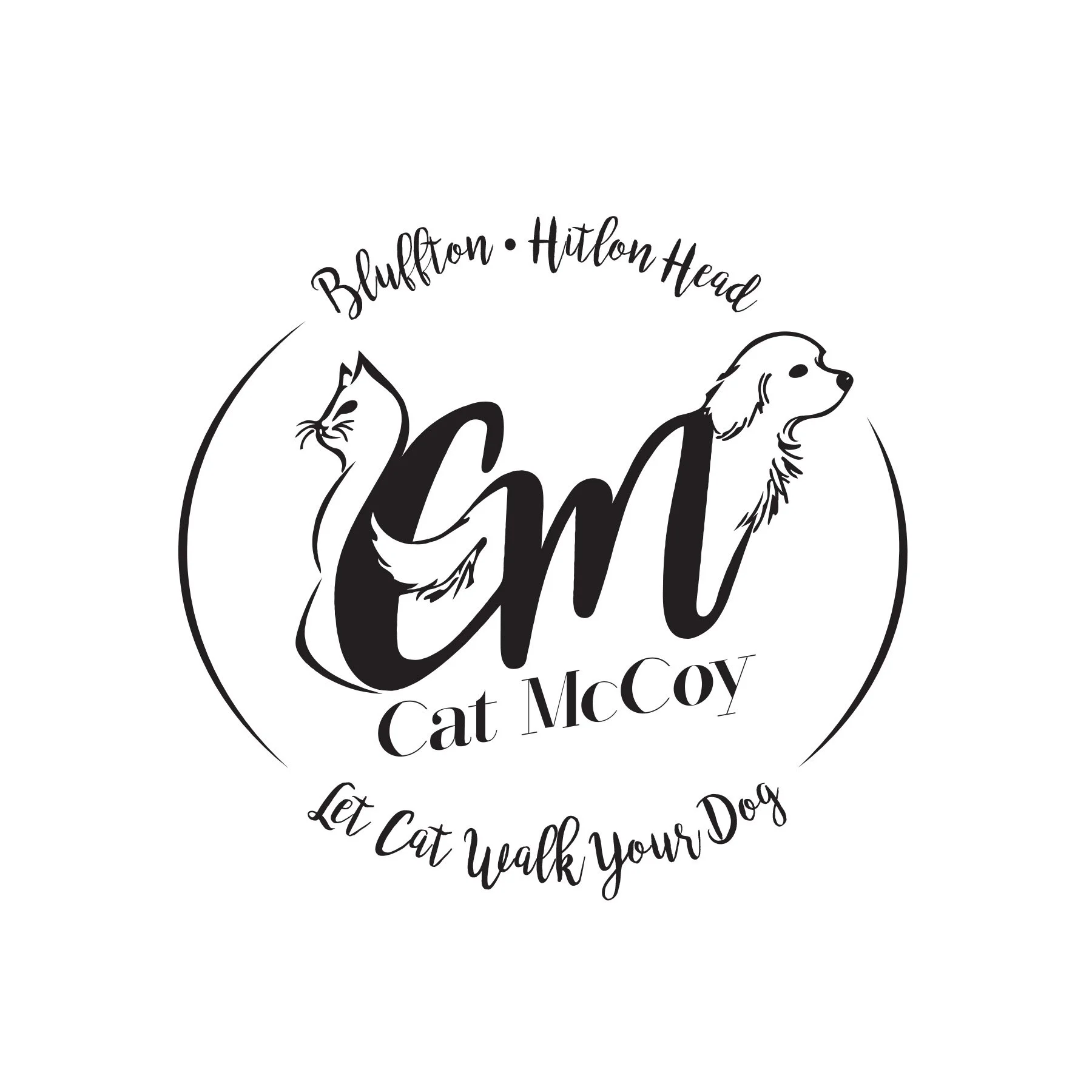 Black and white circular graphic with a dog and cat illustration and text that reads, 'Bluffton Hilton Head Cat McCoy Let Cat Walk Your Dog'.