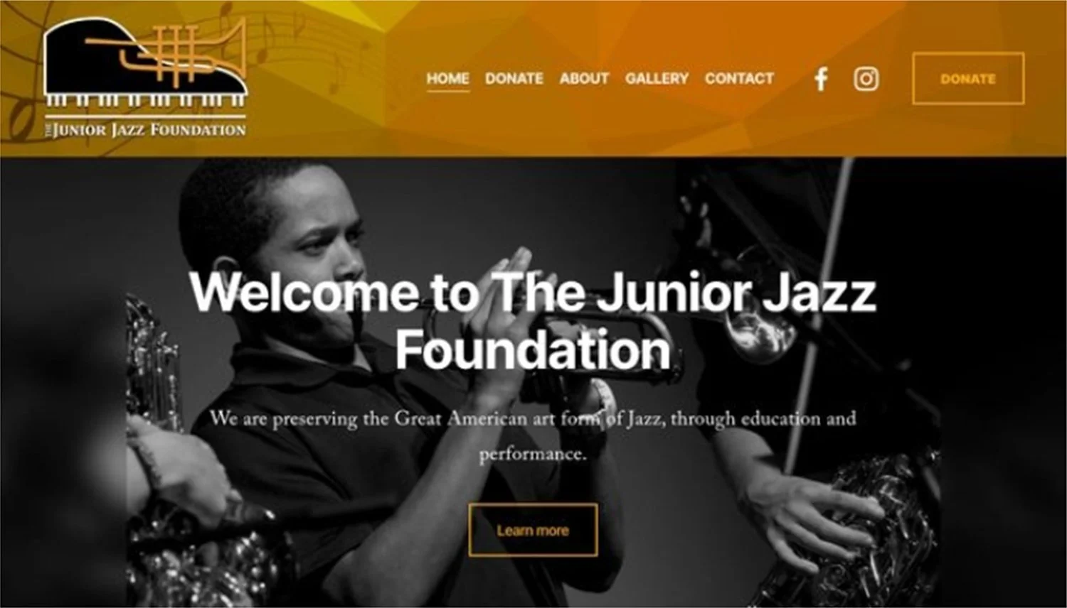 Homepage of The Junior Jazz Foundation website featuring a black and white image of a jazz musician playing the trumpet, with navigation links and a call-to-action button.