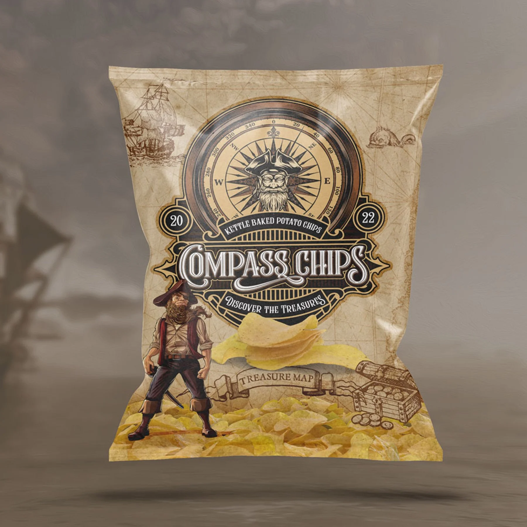 A whimsical illustrated pirate-themed potato chip bag featuring a ship and nautically themed decorative elements. The bag displays the brand name "Compass Chips" with a logo of a smiling pirate captain in a tricorn hat. It includes a treasure map des