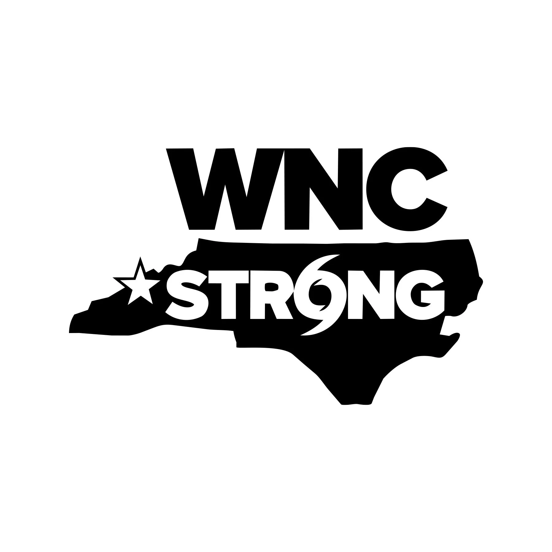 Black and white graphic featuring the outline map of the United States with bold text 'WNC' above the word 'STRONG' inside a curved banner.