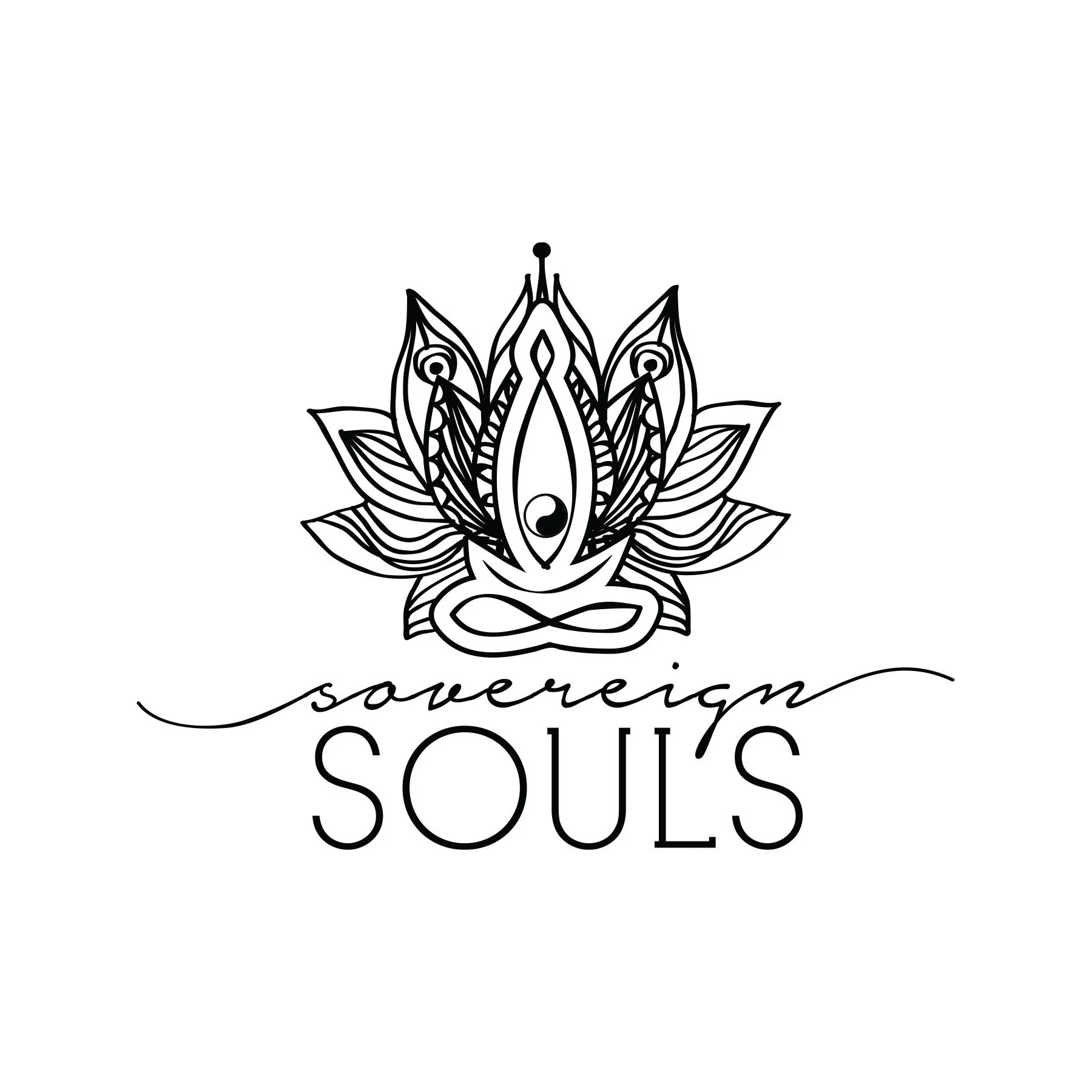 Black and white illustration of a lotus flower with the words "sovereign soul" written below.