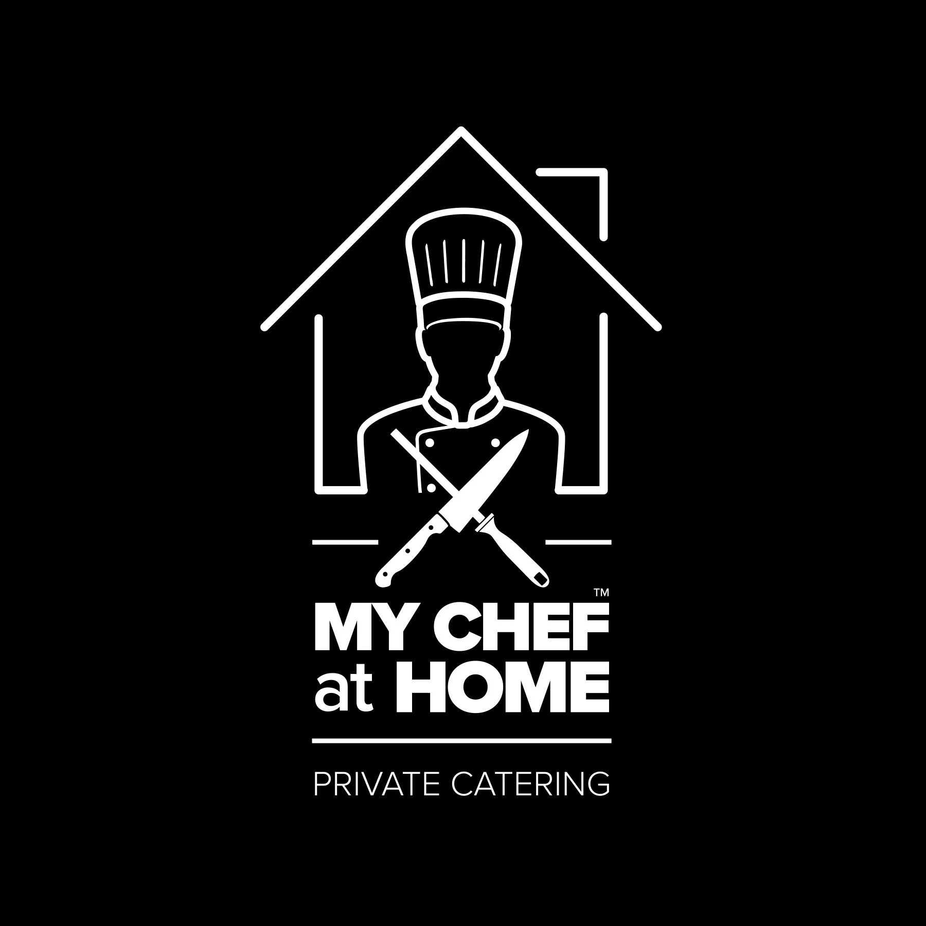 Black background with white text and graphics promoting private catering at home by a chef. Features a chef icon, a house outline, and kitchen tools. Main text reads "My Chef at Home."
