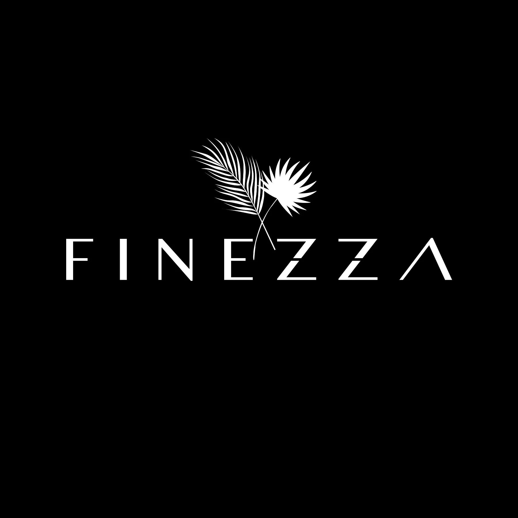 Black background with white text reading "FINEZZZA" and a decorative design of two palm leaves, one slightly larger and more detailed, crossed over a stylized starburst or flower.
