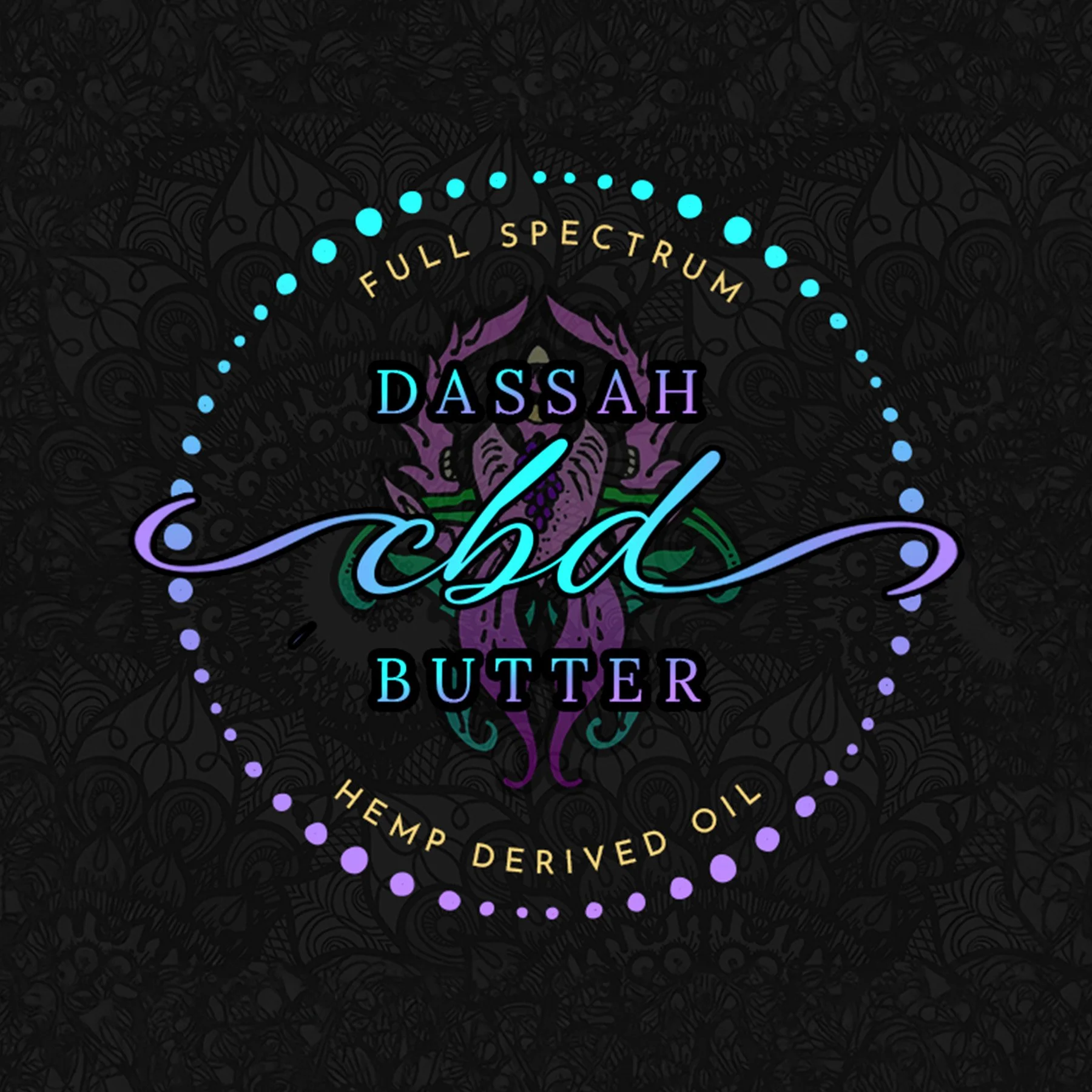 Neon sign reading 'Full Spectrum DASSAH CBD' with a stylized purple skull and green and purple decorative elements, on a dark background with intricate patterns.