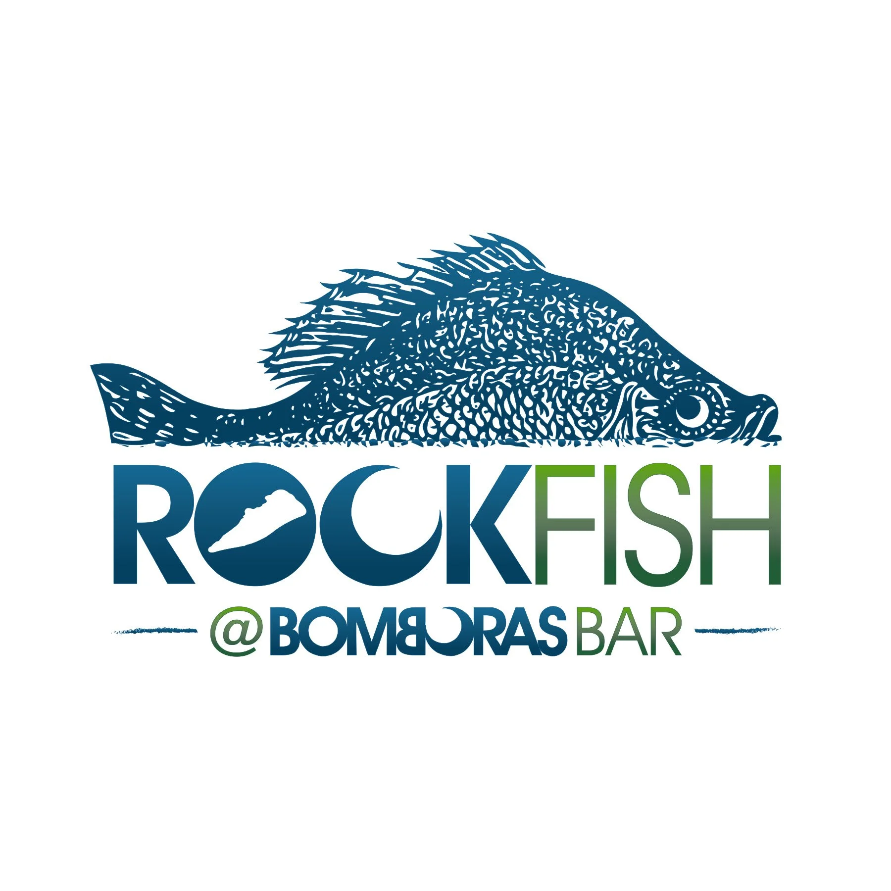 Illustration of a fish in dark blue with detailed scales and fins, along with the text 'ROCKFISH' in large, bold letters, and '@BOMORASBAR' in smaller green and blue text underneath.