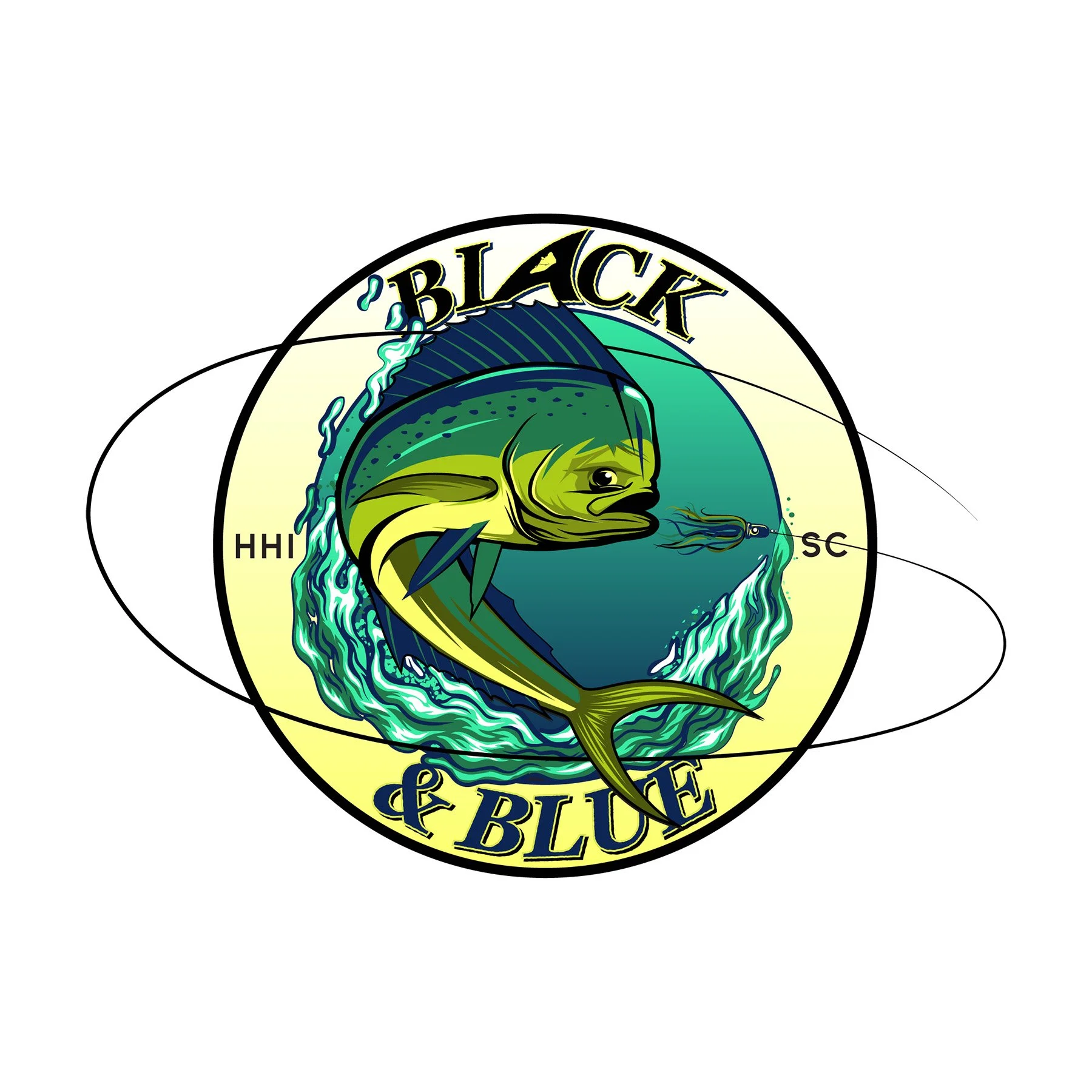 A circular logo featuring a yellow-green fish with a snorkel mask, surrounded by waves, with the words 'Black & Blue' and 'Hhi' and 'Sc' visible around the logo.