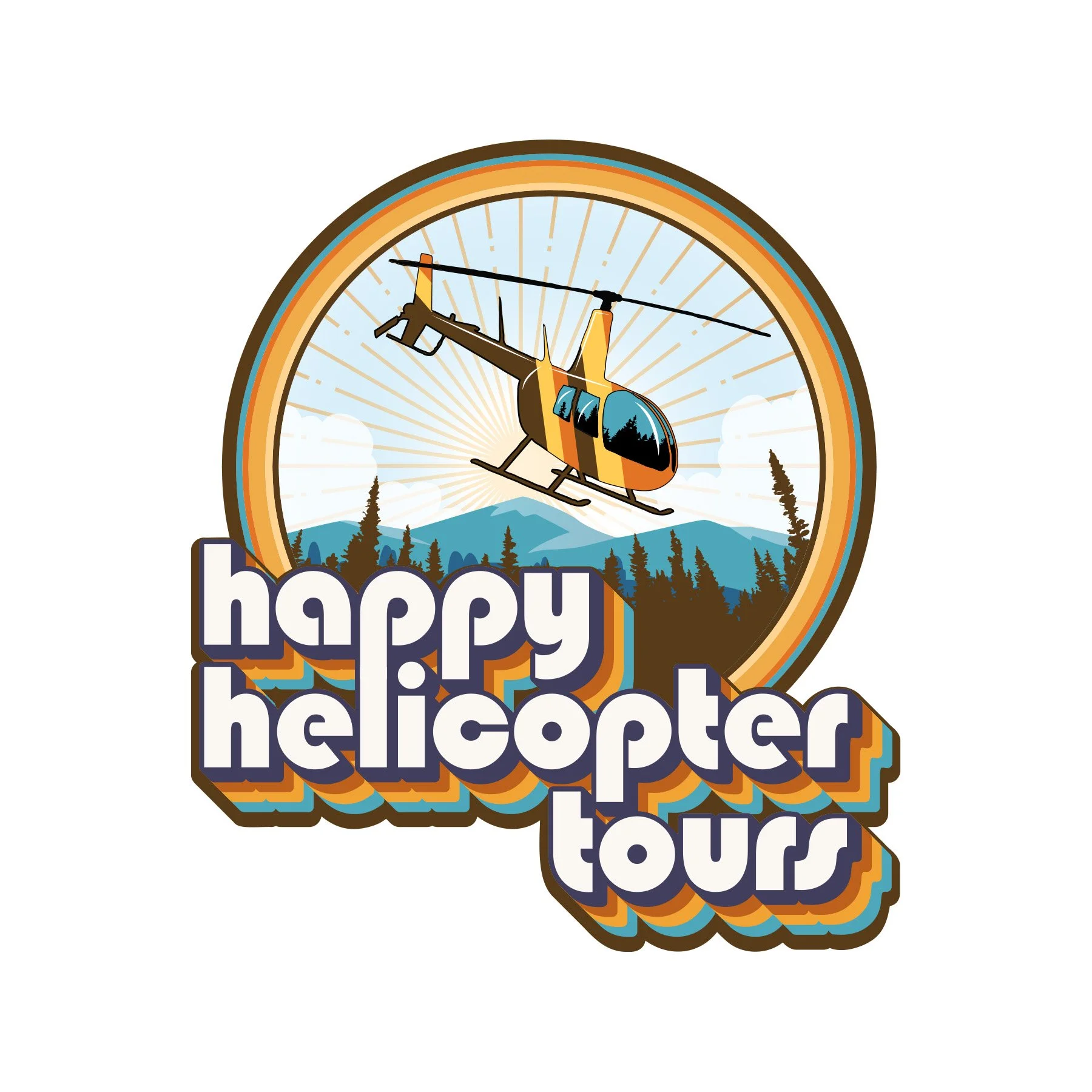 A colorful graphic of a helicopter flying over mountains and trees with the words 'happy helicopter tours' in bold letters in front.