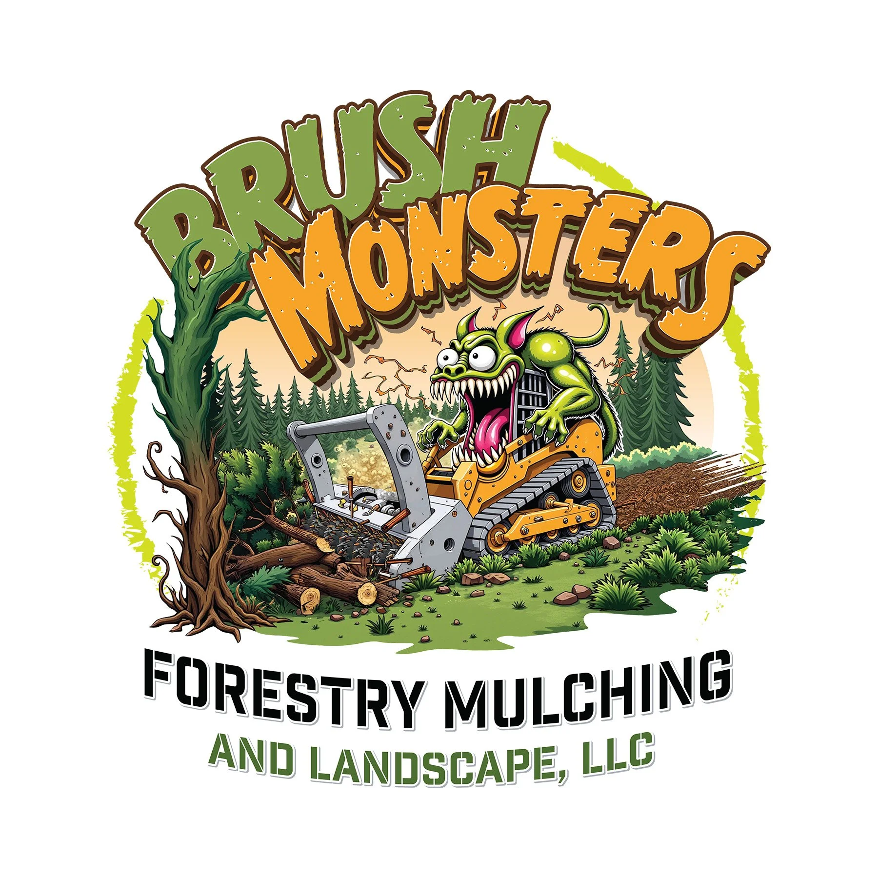 Logo for forestry mulching and landscape LLC featuring a cartoonish green monster with sharp teeth and horns, operating a piece of machinery in a forest setting, with stylized text reading 'Brush Monsters' and 'Forestry Mulching and Landscape LLC' ar