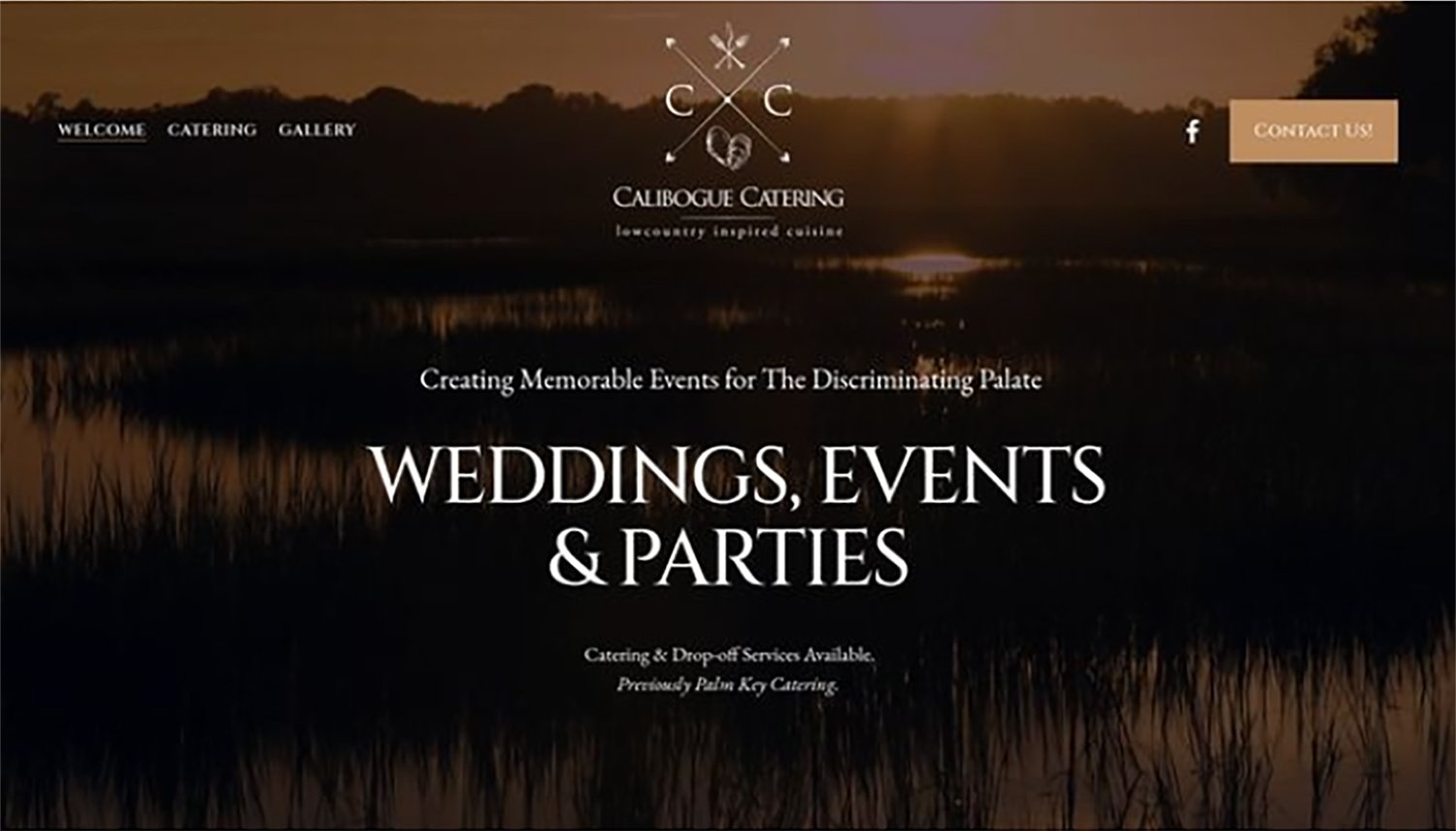 Dark scenic background with water and trees, overlayed with text promoting Calibogue Catering for weddings, events, and parties.