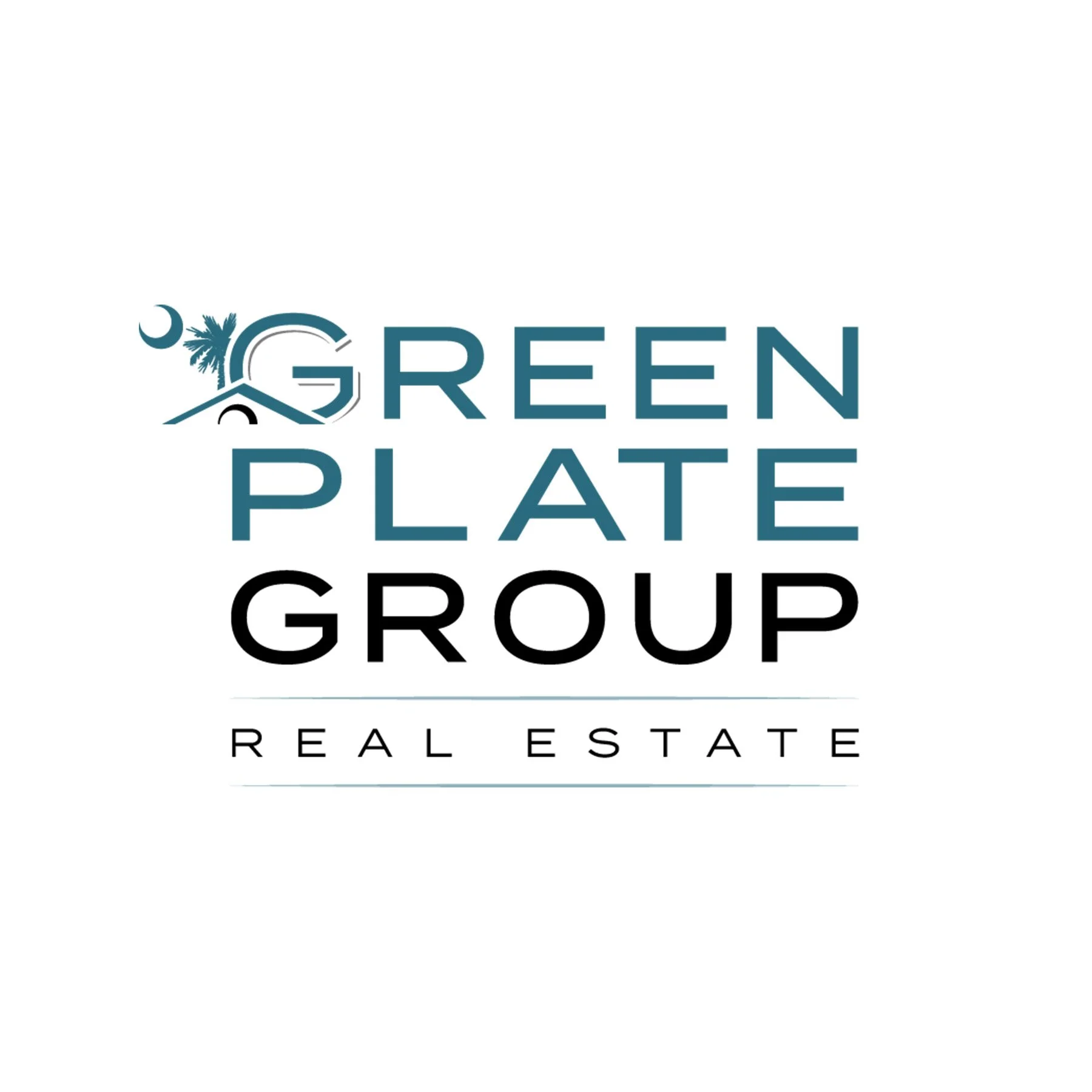Logo for Green Date Group Real Estate featuring a rooftop, palm trees, moon, and star elements in a modern design.