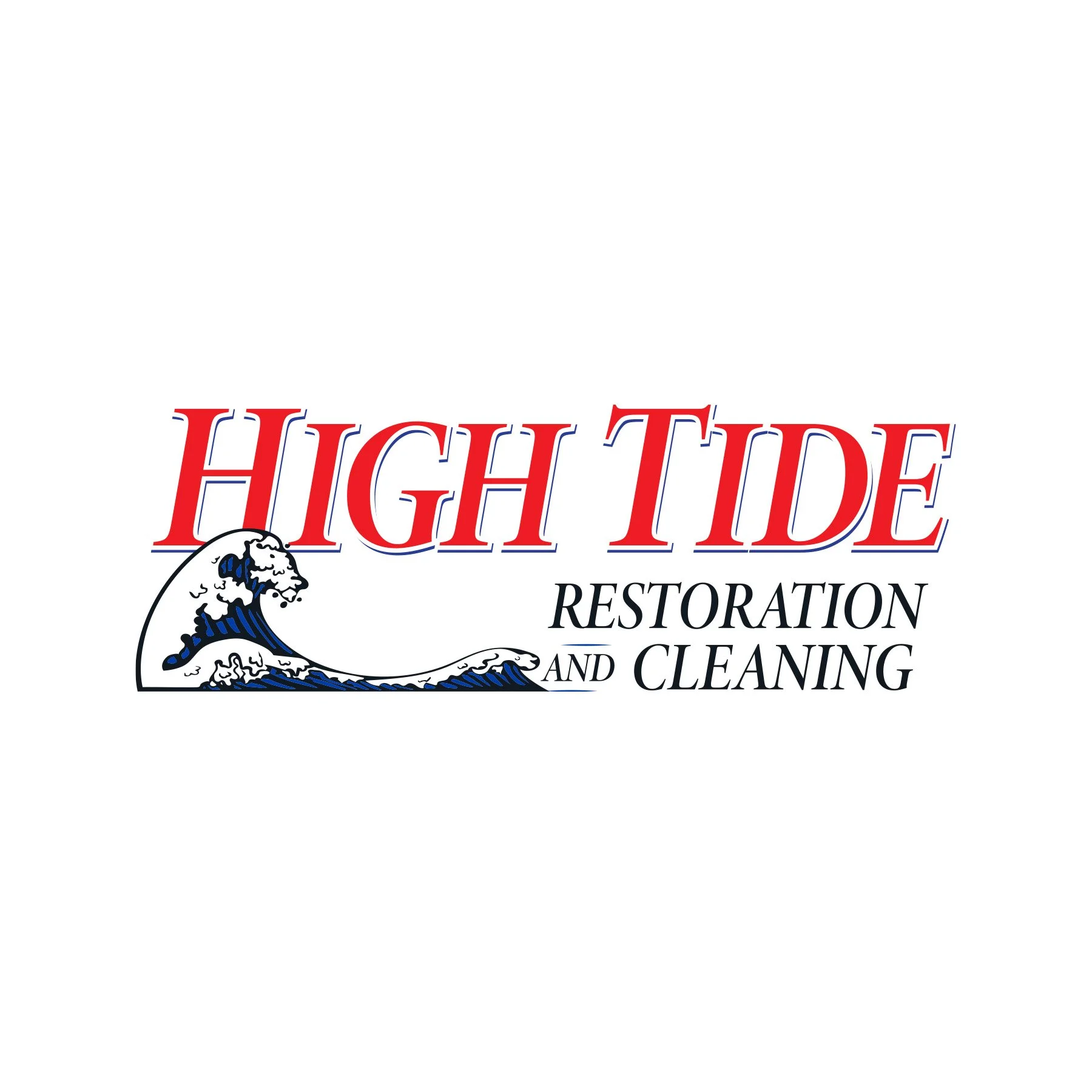 Logo for High Tide Restoration and Cleaning, featuring a stylized wave with a lion's head