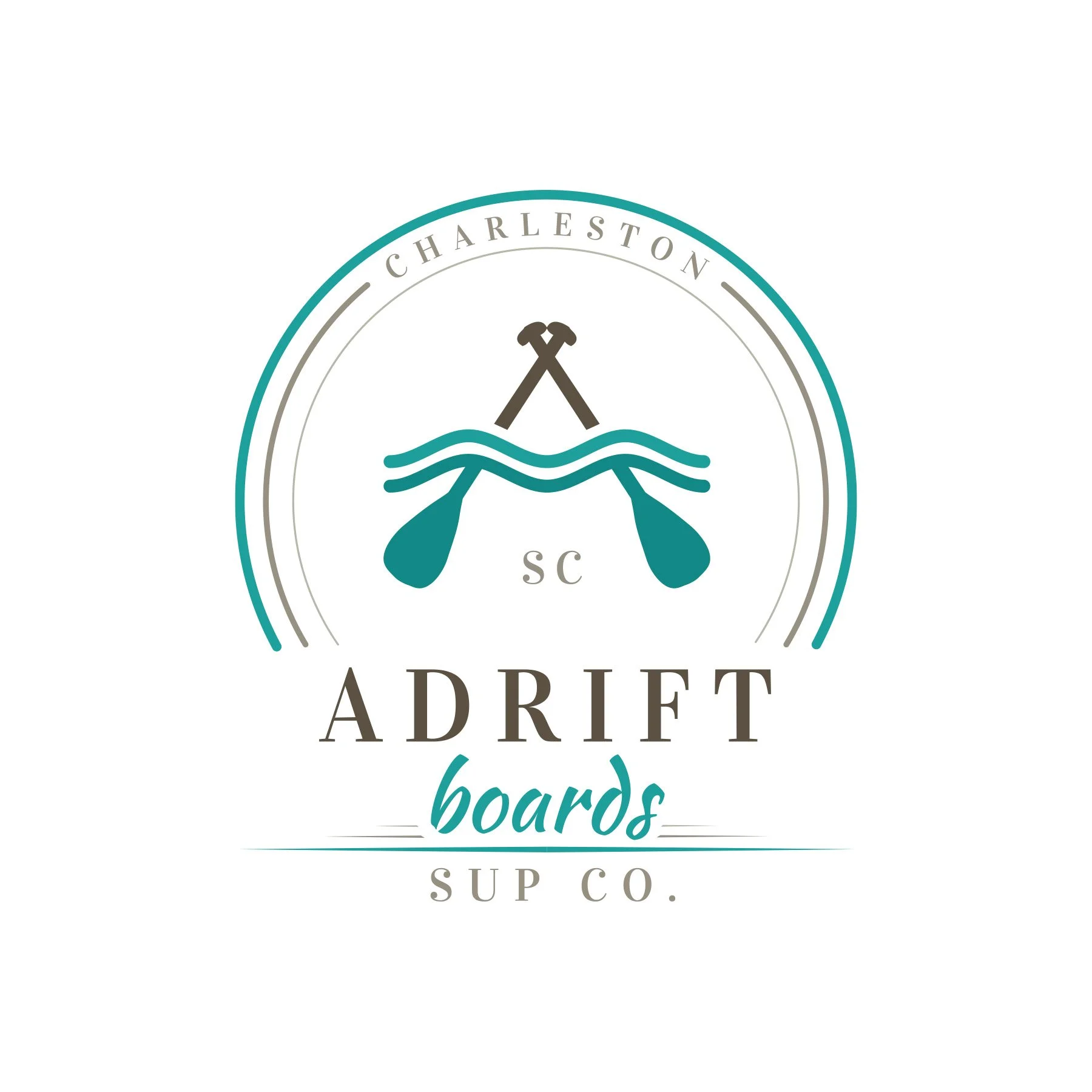 Logo for Charleston Arriet Boards, featuring two paddles crossing over stylized water waves, with text indicating 'Charleston', 'SC', and 'sup co.' in elegant fonts.