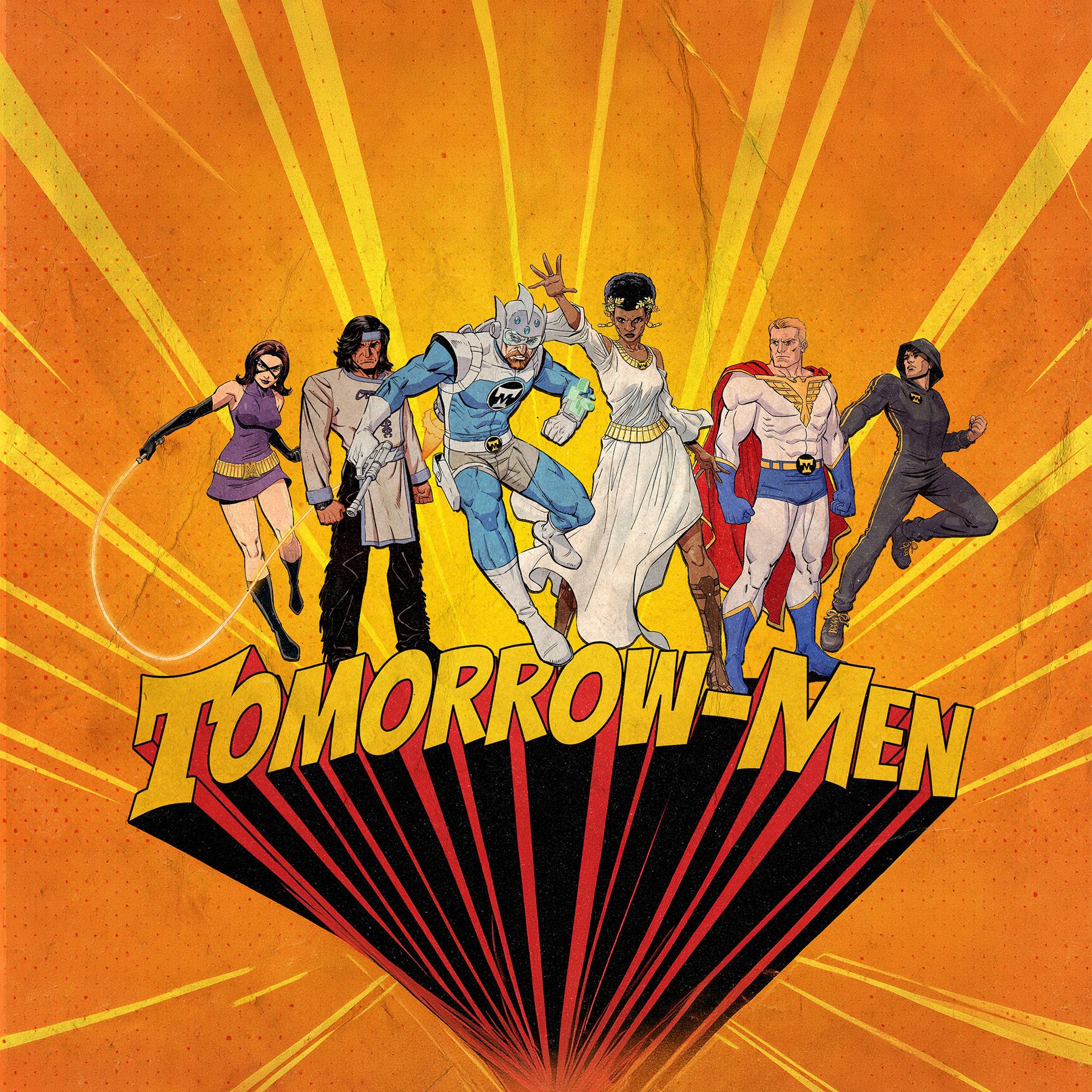 Comic book style illustration of six members of the superhero group the Tomorrow-Men, standing in a line with a bright explosion background and the text "THORROWW MEN" in the foreground.