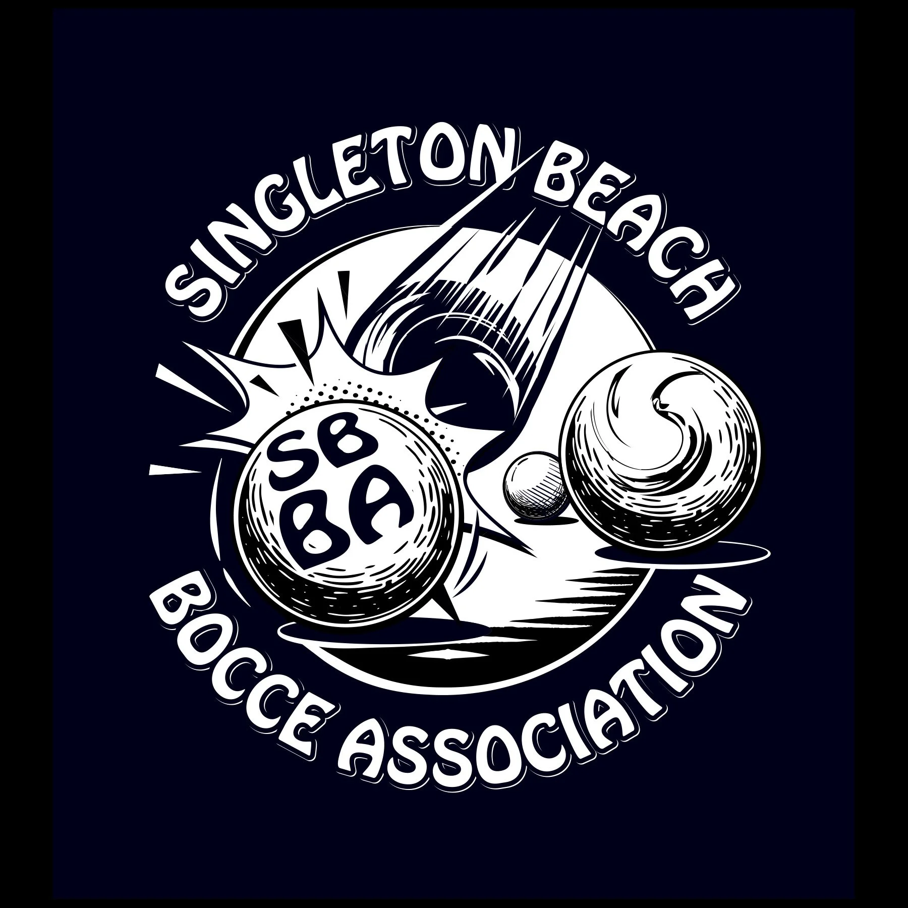 A black and white logo of the Snagletony Beach Pool Association featuring a stylized pool cue, a ball, and the organization's name around the border.