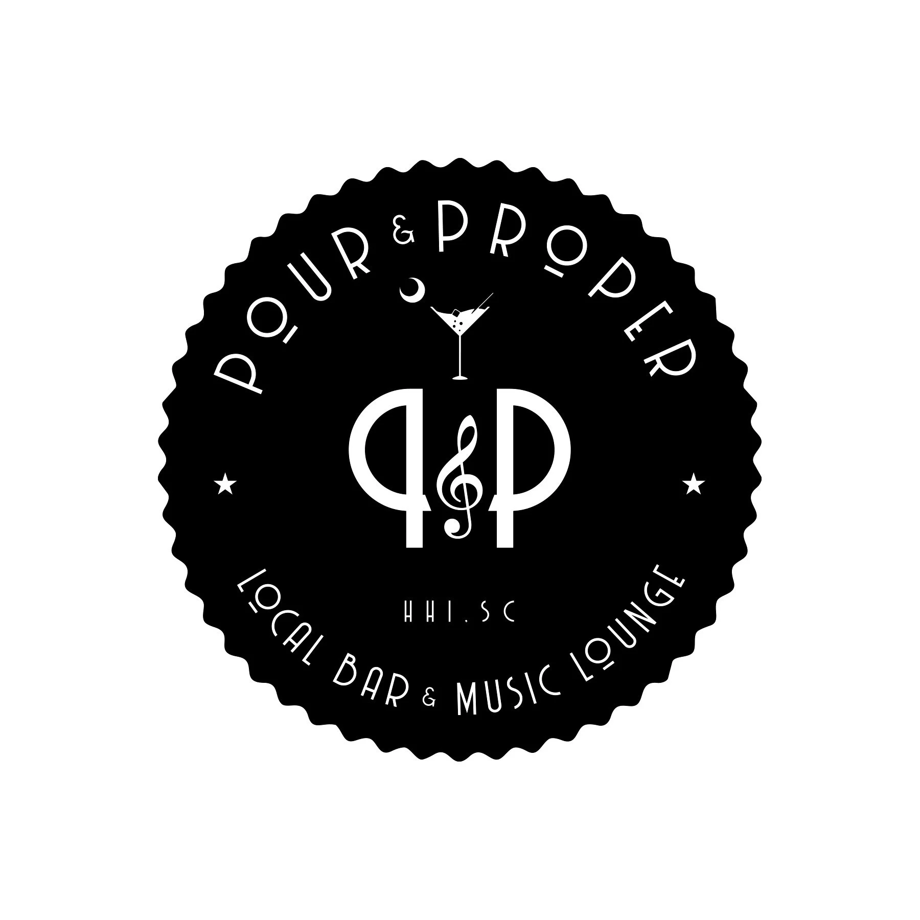 Black circular emblem with scalloped edges featuring text that reads 'Our & Proper' at the top and 'Locally Rooted Bar & Music Lounge' at the bottom, with a stylized musical note, dollar signs, and a martini glass in the center.