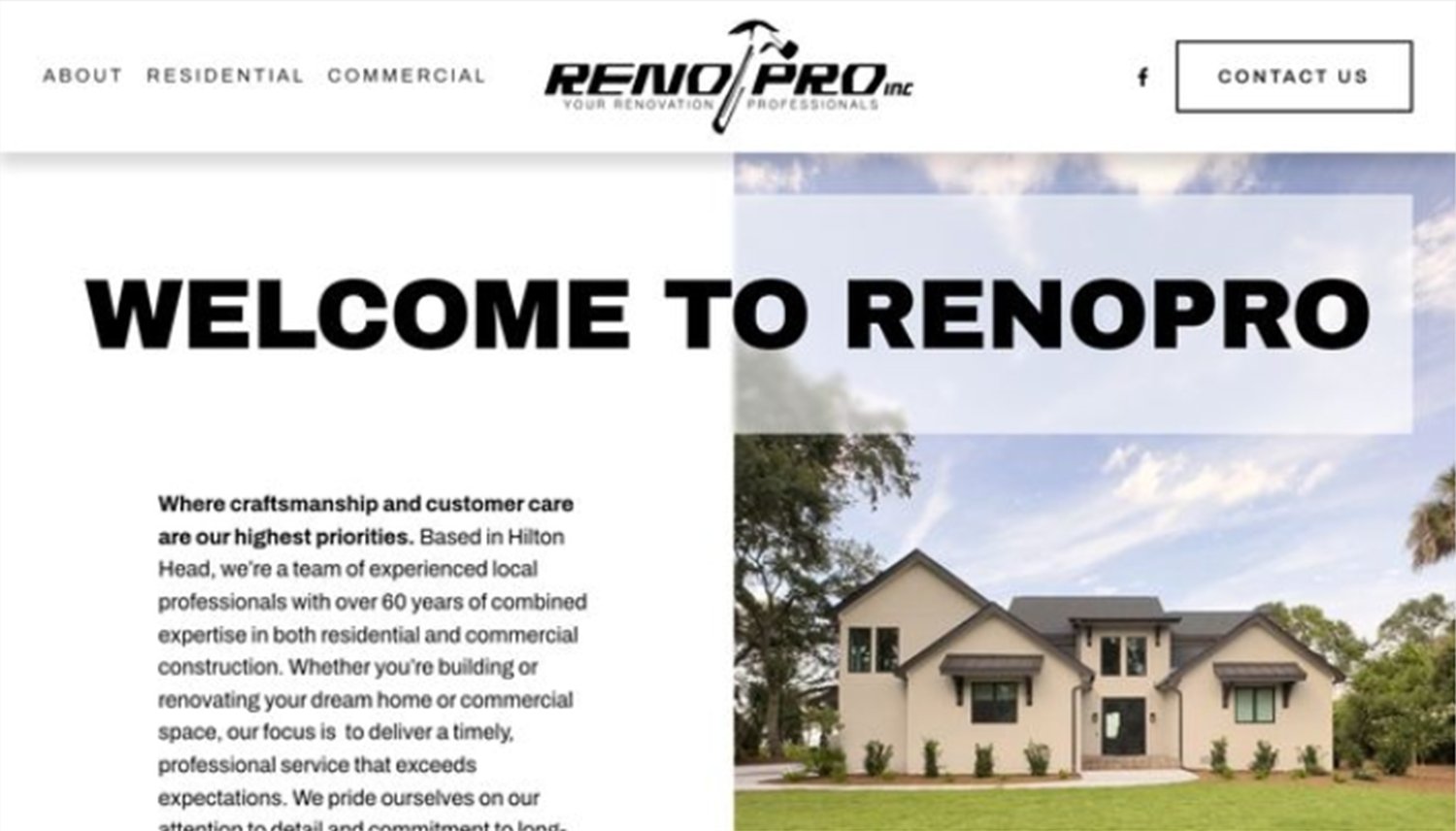 Screenshot of a website homepage for Renopro Inc. featuring a large heading that says "Welcome to Renopro," a photo of a modern two-story house with a front yard, and navigation links for About, Residential, Commercial, and Contact Us. The company logo is at the top, and there is a short introductory paragraph about their services.