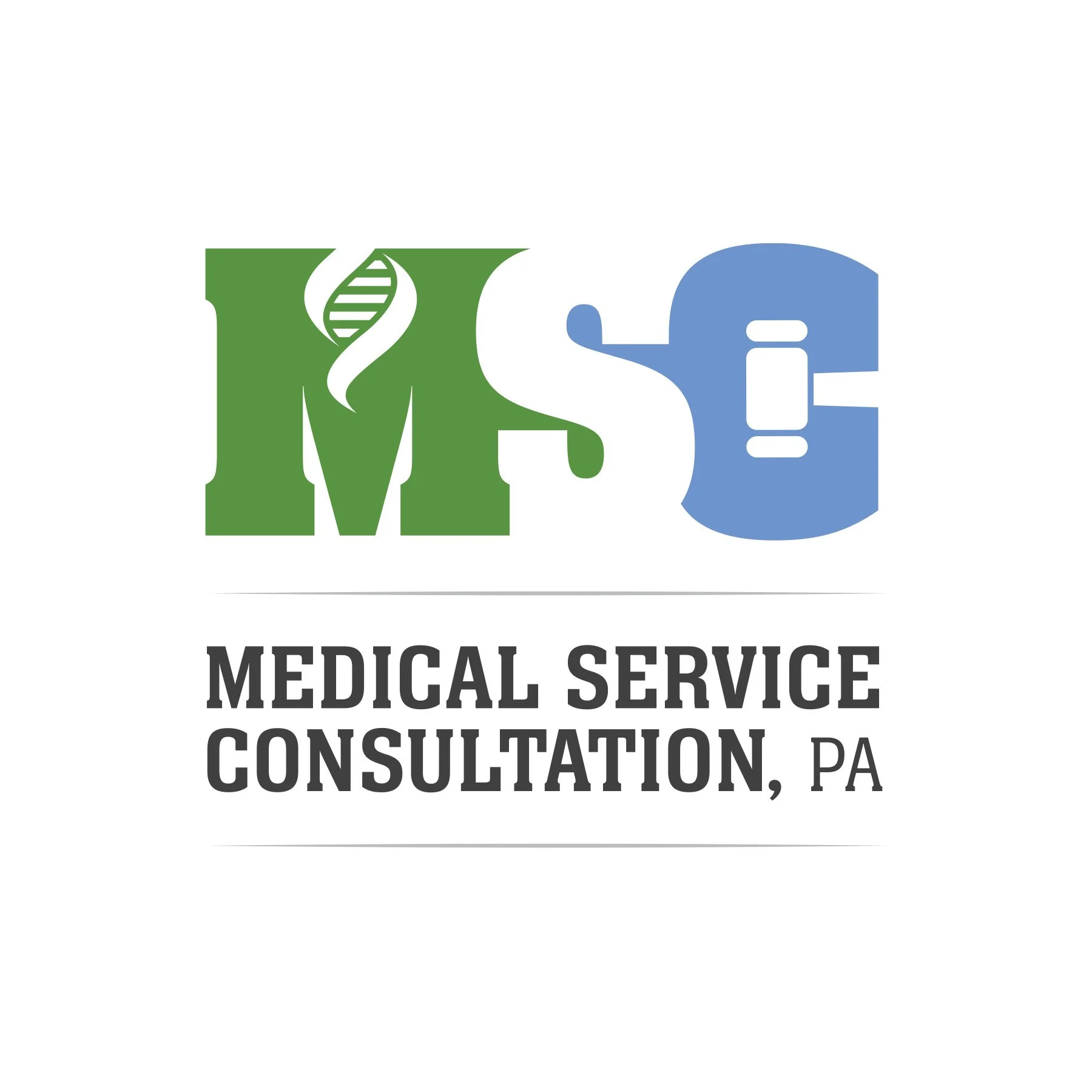 Logo for Medical Service Consultation, PA featuring large green 'M' with a DNA strand, and blue 'S' with a medical cross, beneath the words 'Medical Service Consultation, PA' in black text.