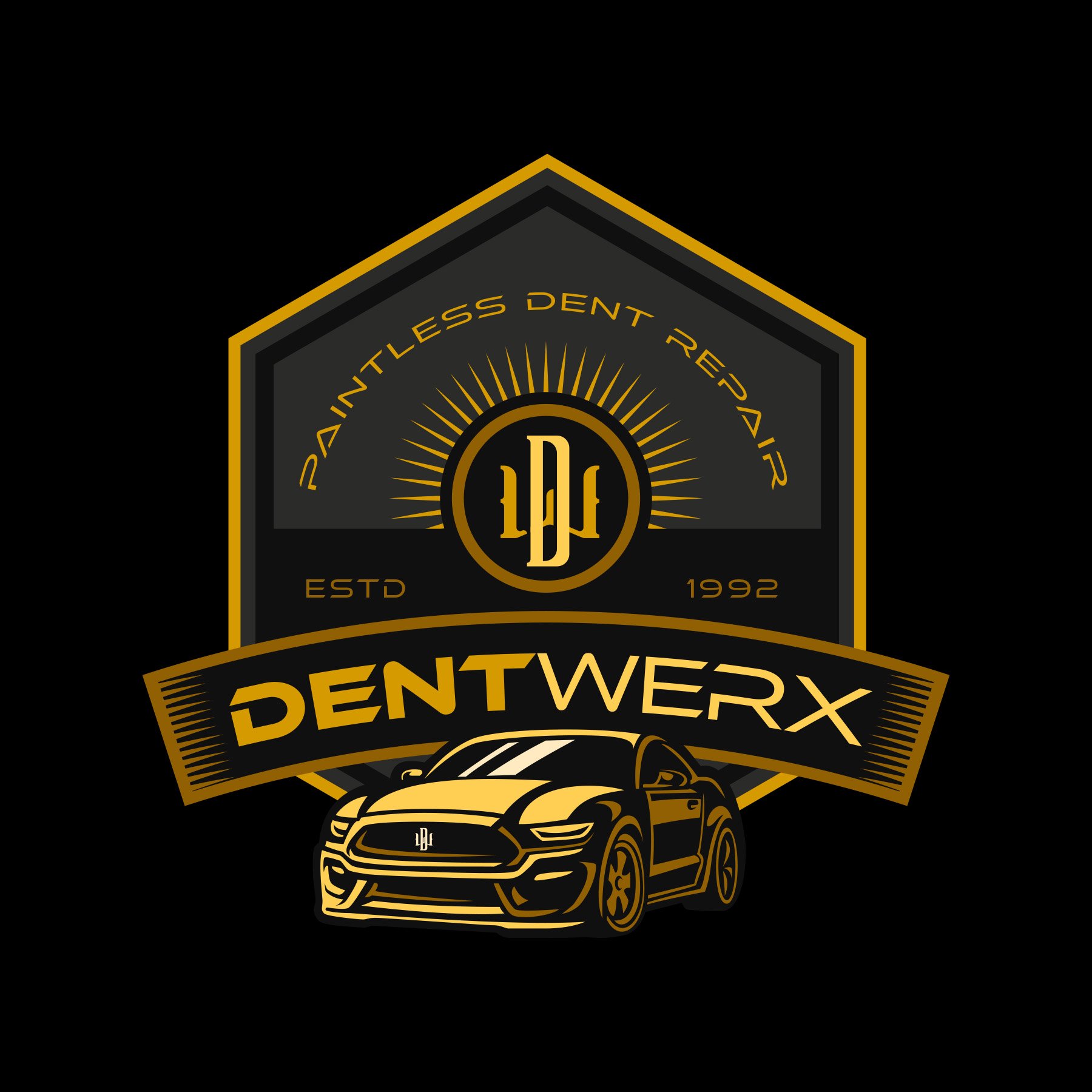 Black and gold logo featuring a luxury sports car and the text 'PENTWERX' with a badge that says 'Painless Dent Repair' and the year '1992'.
