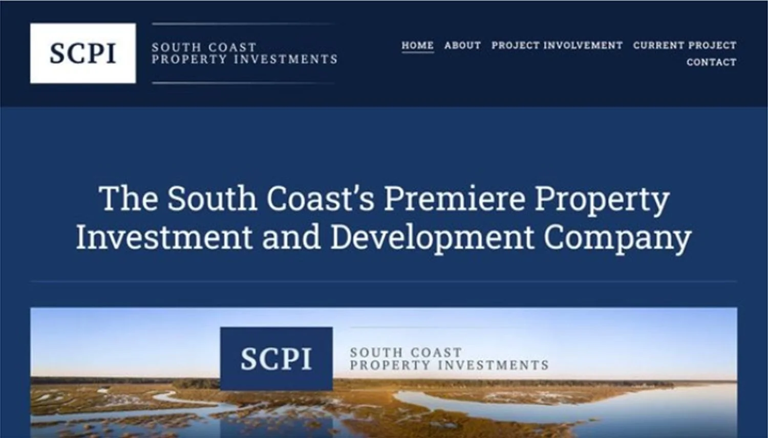 Website homepage for South Coast Property Investments with a logo and navigation menu, featuring a scenic landscape of a river and wetlands.